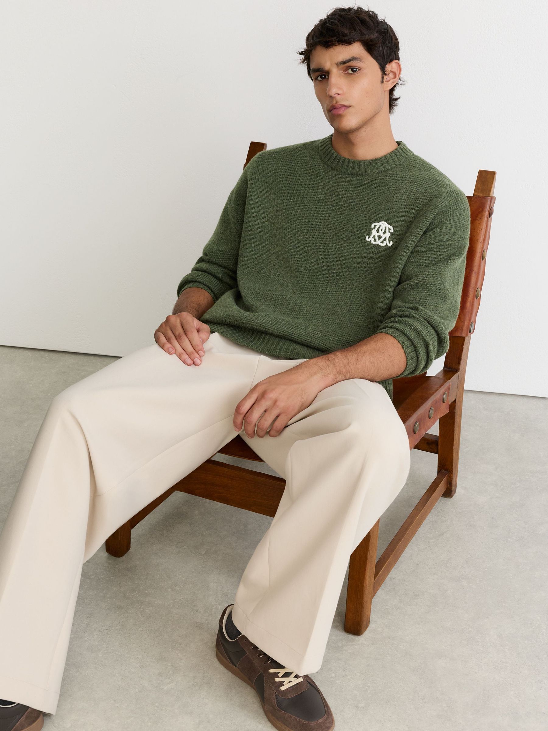 Monogram Embroidered Relaxed Wool Jumper in Dark Green - Image 3 of 6