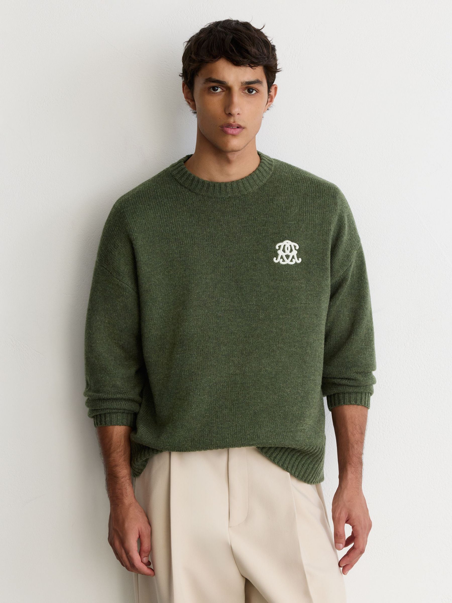 Monogram Embroidered Relaxed Wool Jumper in Dark Green - Image 4 of 6