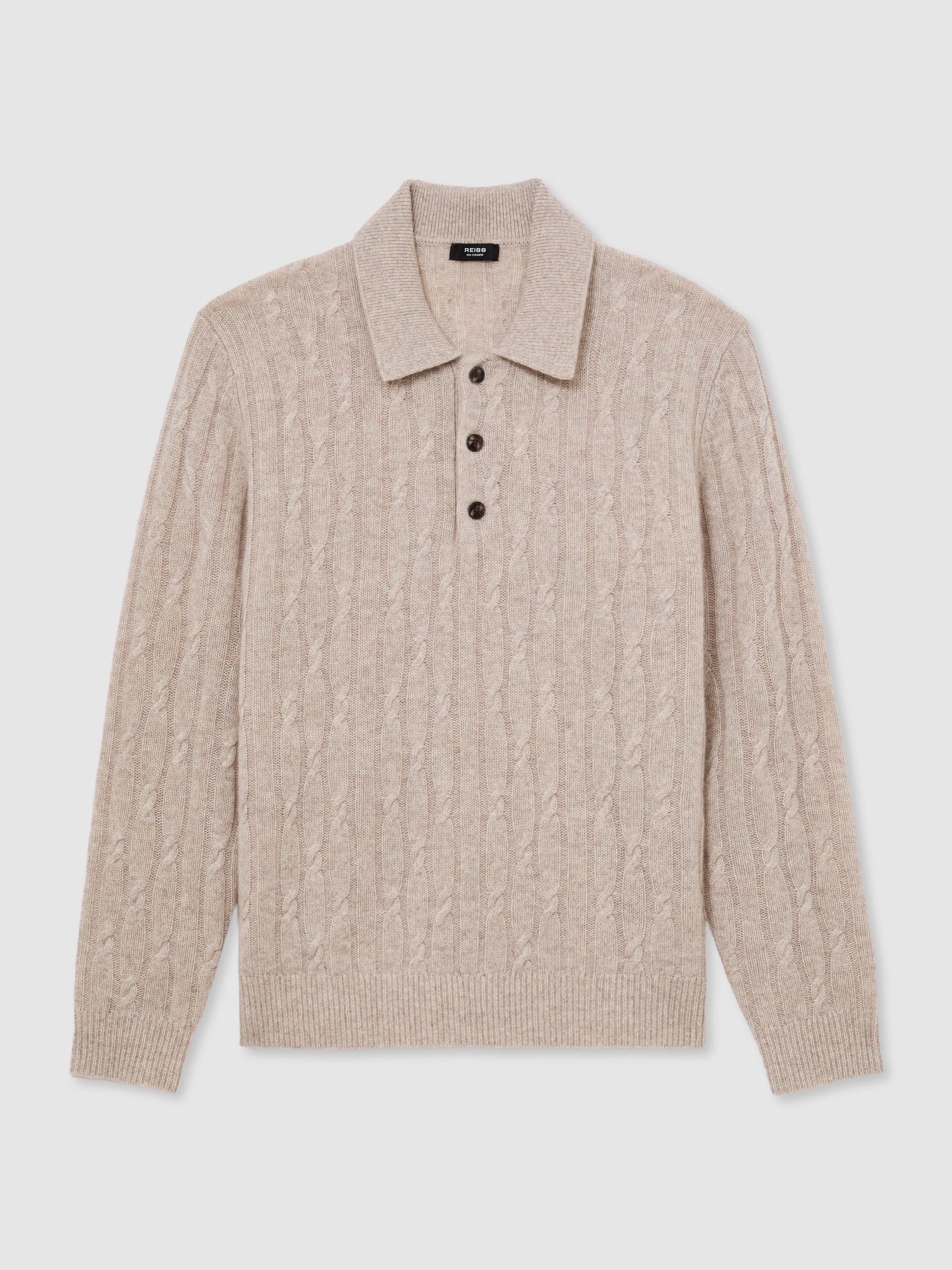 100% Cashmere Cable-Knit Polo Jumper in Oatmeal - Image 2 of 6