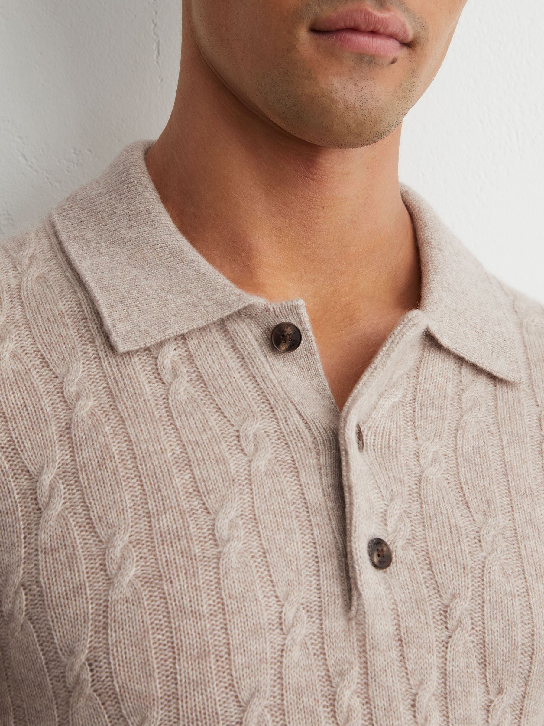 100% Cashmere Cable-Knit Polo Jumper in Oatmeal - Image 3 of 6