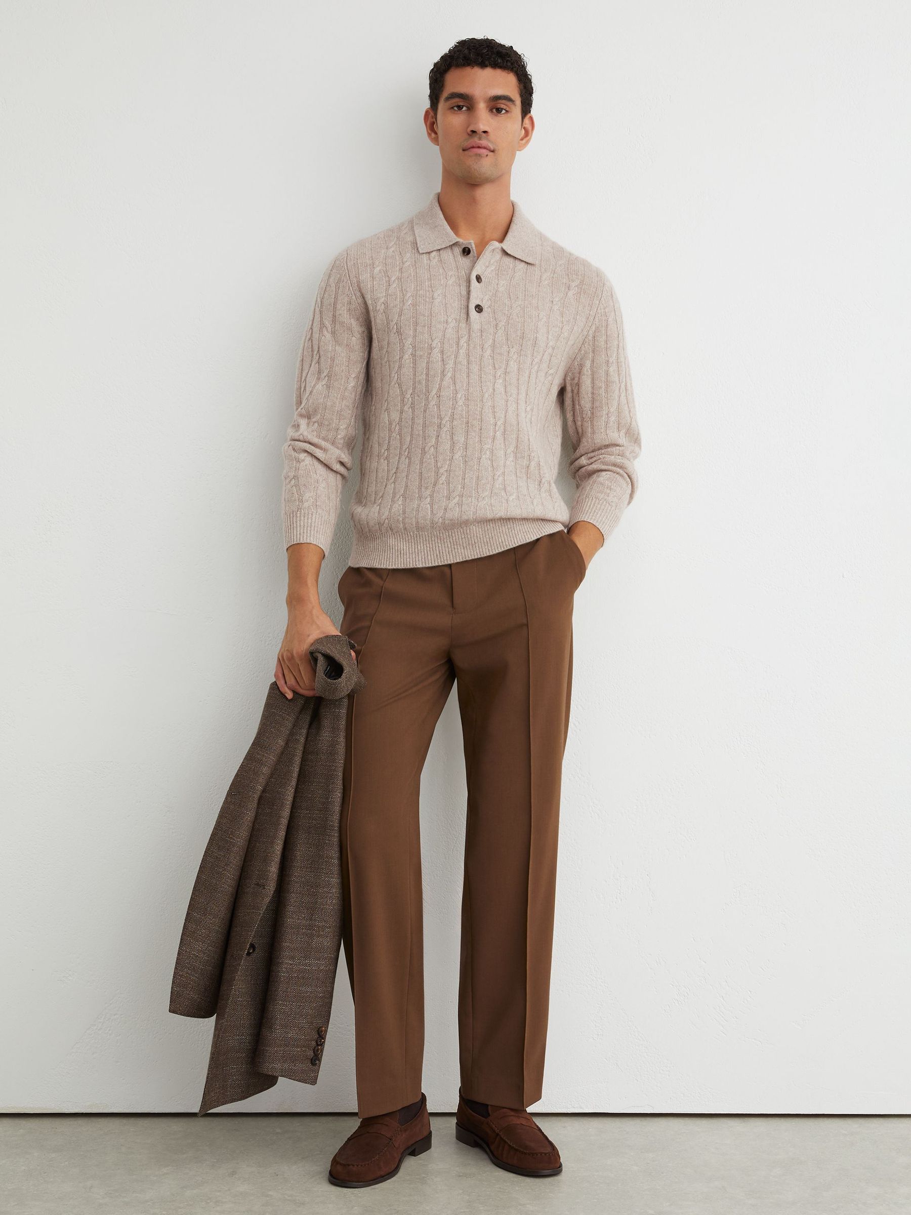 100% Cashmere Cable-Knit Polo Jumper in Oatmeal - Image 4 of 6