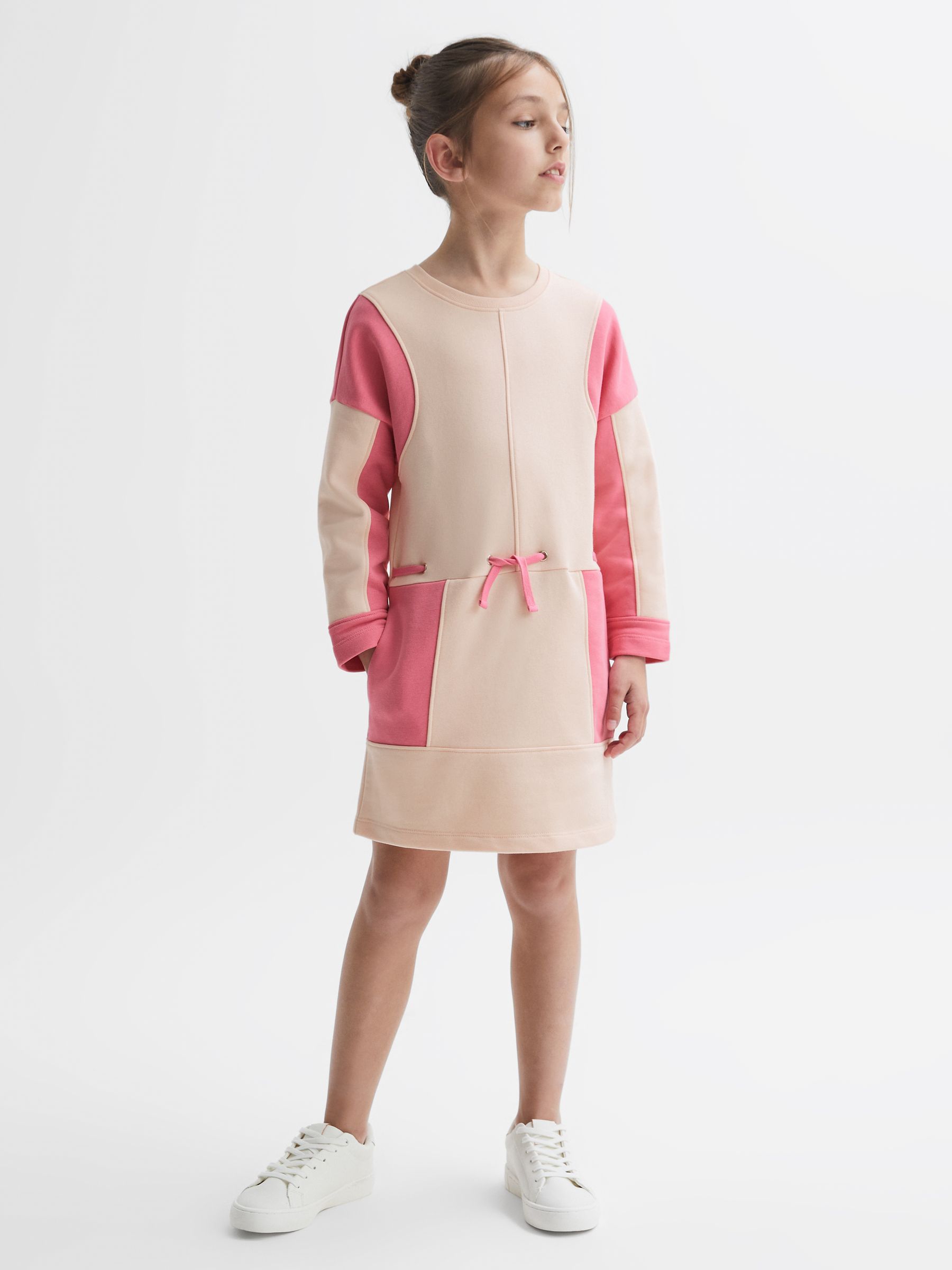 9-14 yrs Colourblock Cotton Drawstring Dress in Pink - Image 1 of 6
