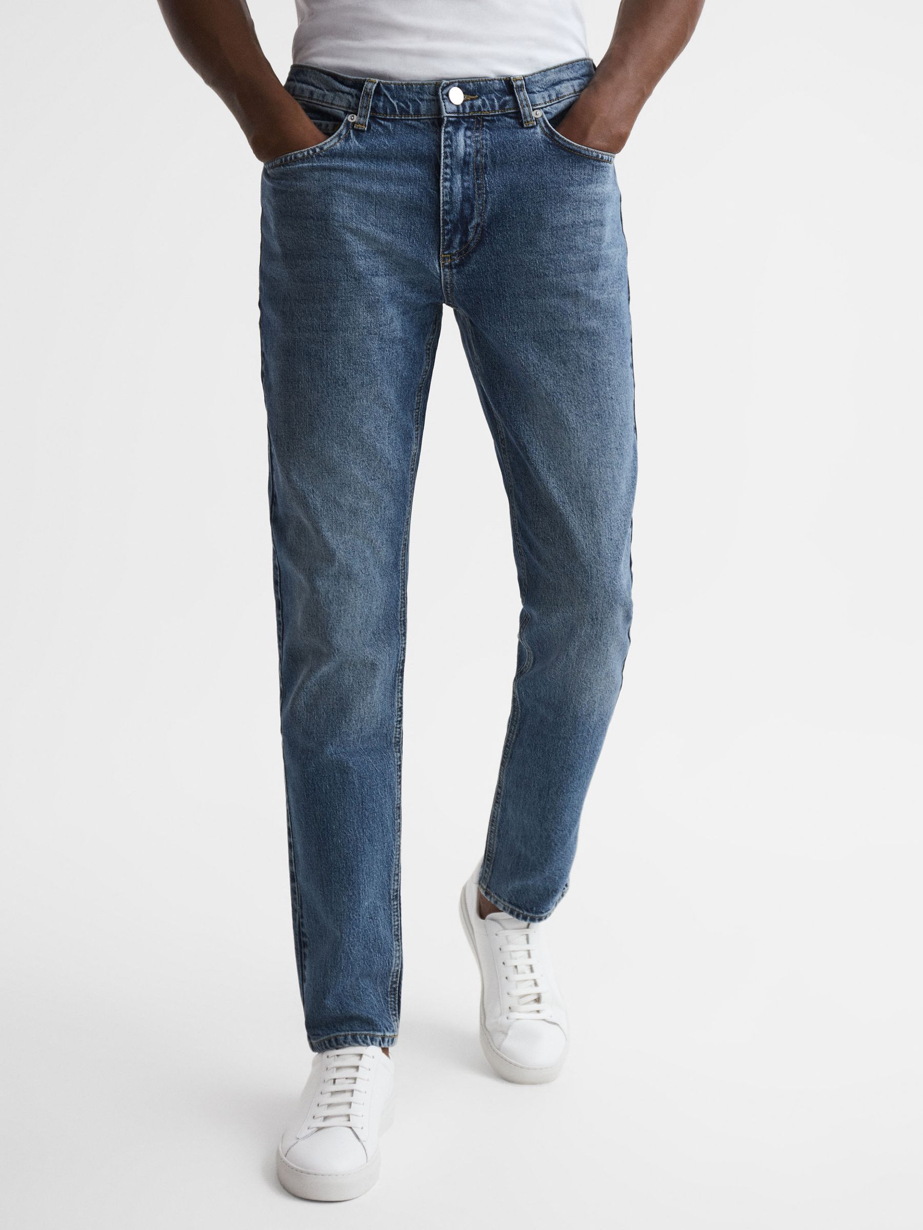 Mid Rise Tapered Jeans in Mid Blue - Image 1 of 6