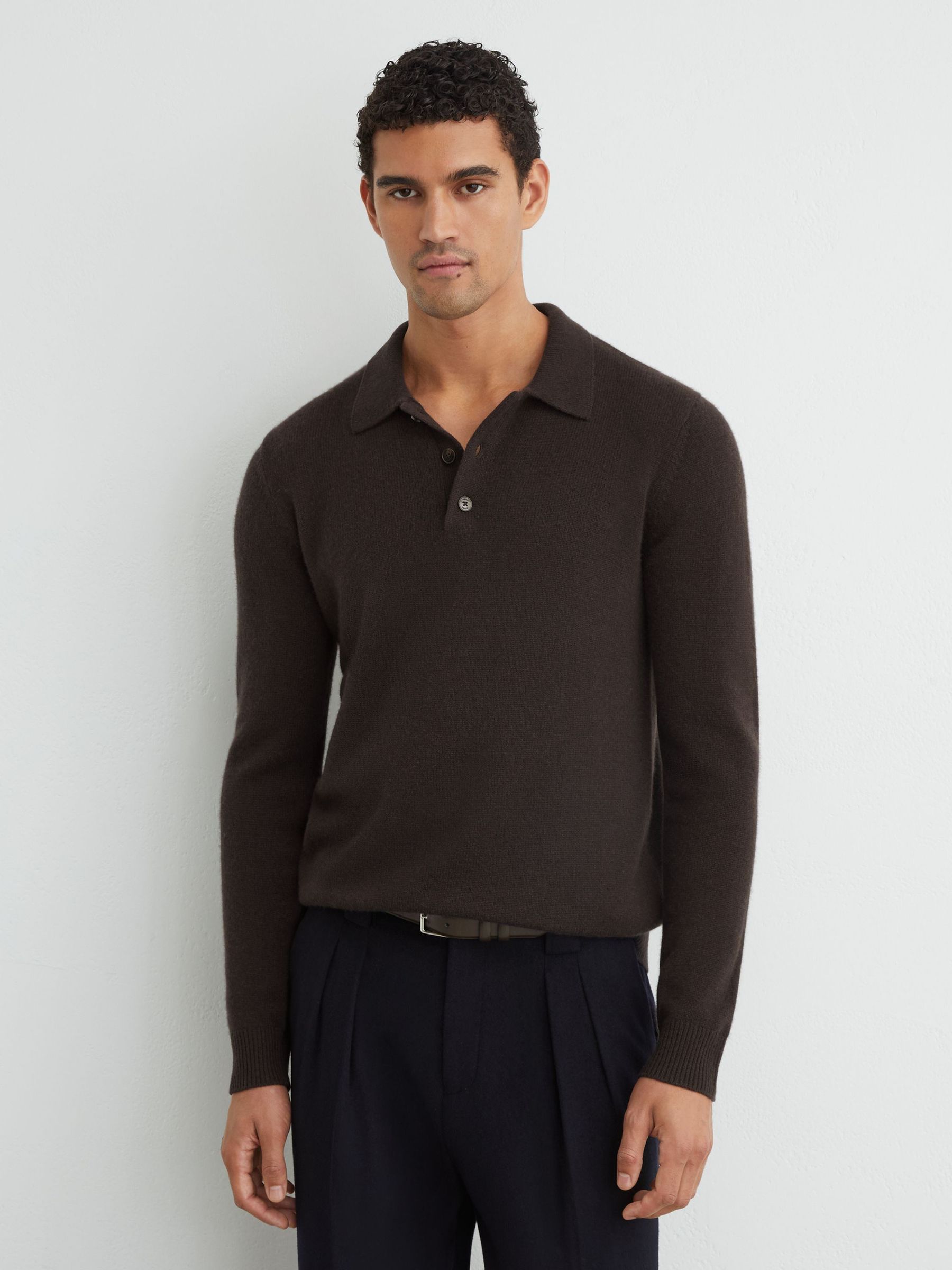 100% Cashmere Half-Button Polo Jumper in Chocolate Brown - Image 4 of 7