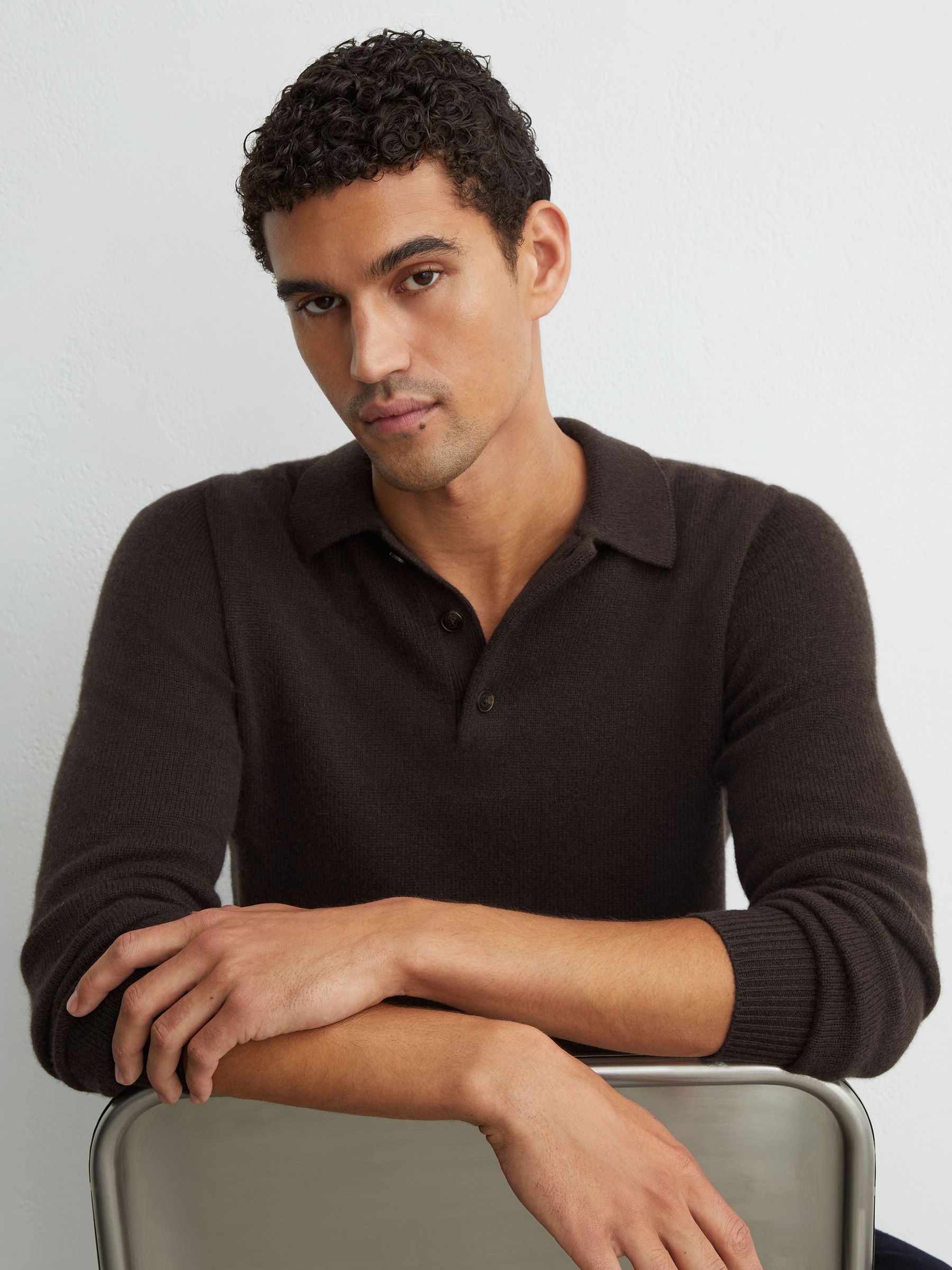 100% Cashmere Half-Button Polo Jumper in Chocolate Brown - Image 6 of 7