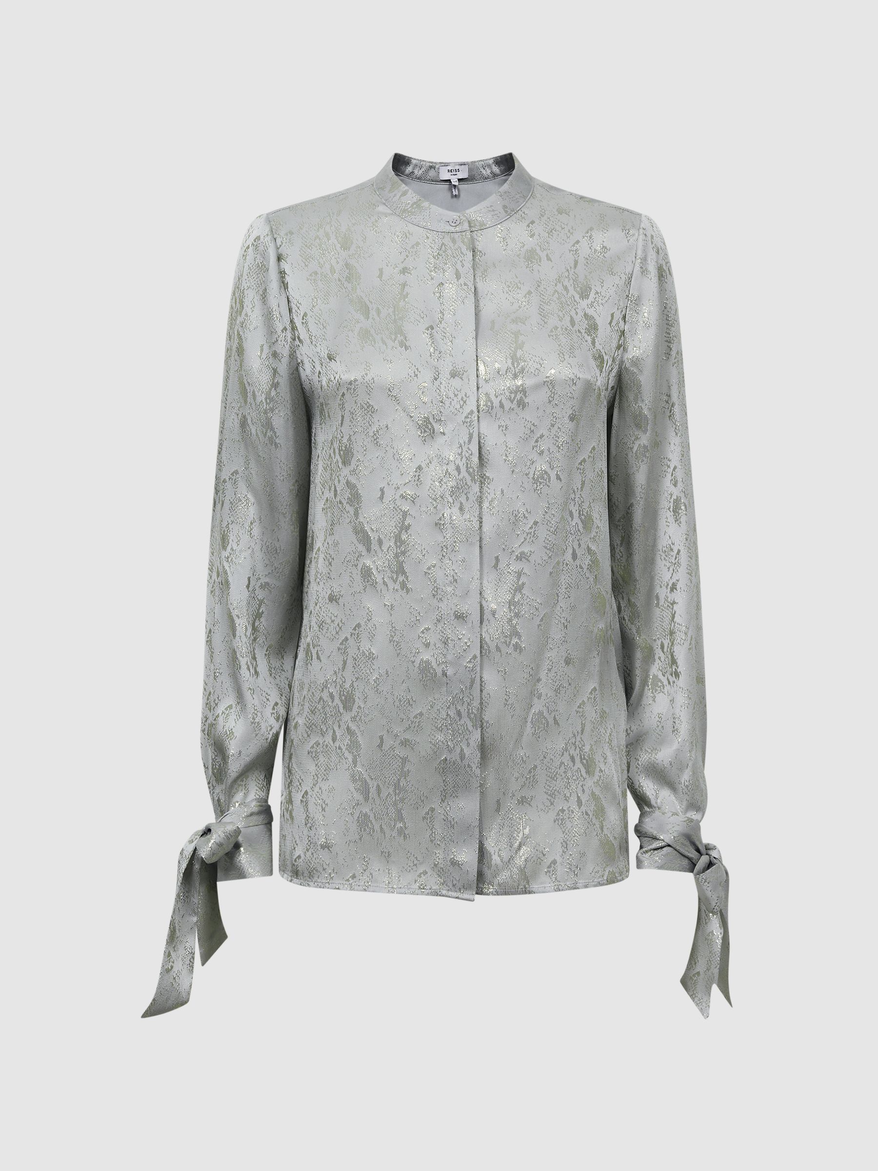 Premium Metallic Removable Tie Detail Blouse in Silver - Image 2 of 6