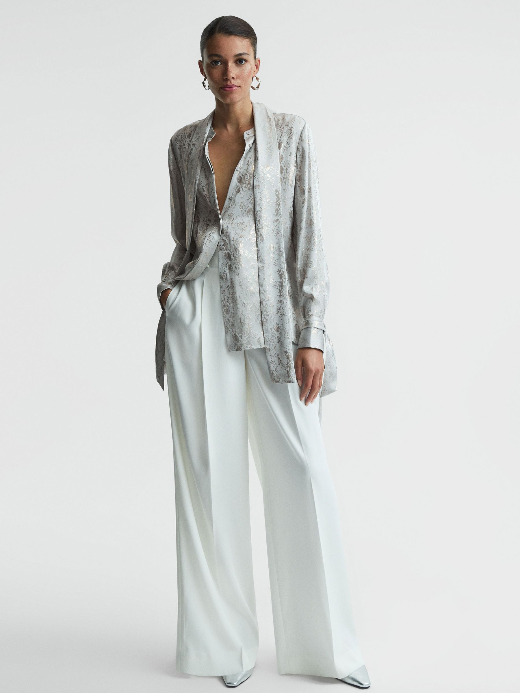 Premium Metallic Removable Tie Detail Blouse in Silver - Image 3 of 6