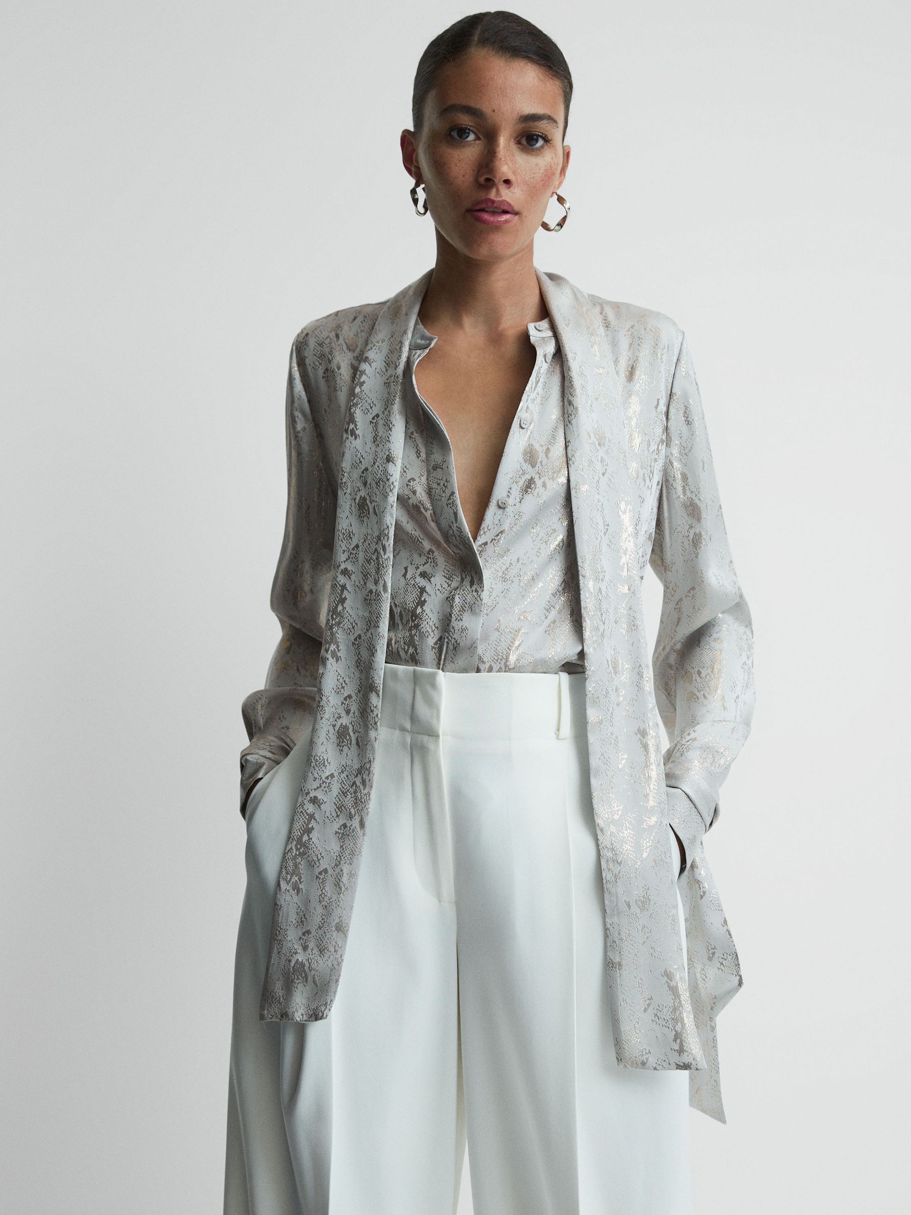 Premium Metallic Removable Tie Detail Blouse in Silver - Image 4 of 6