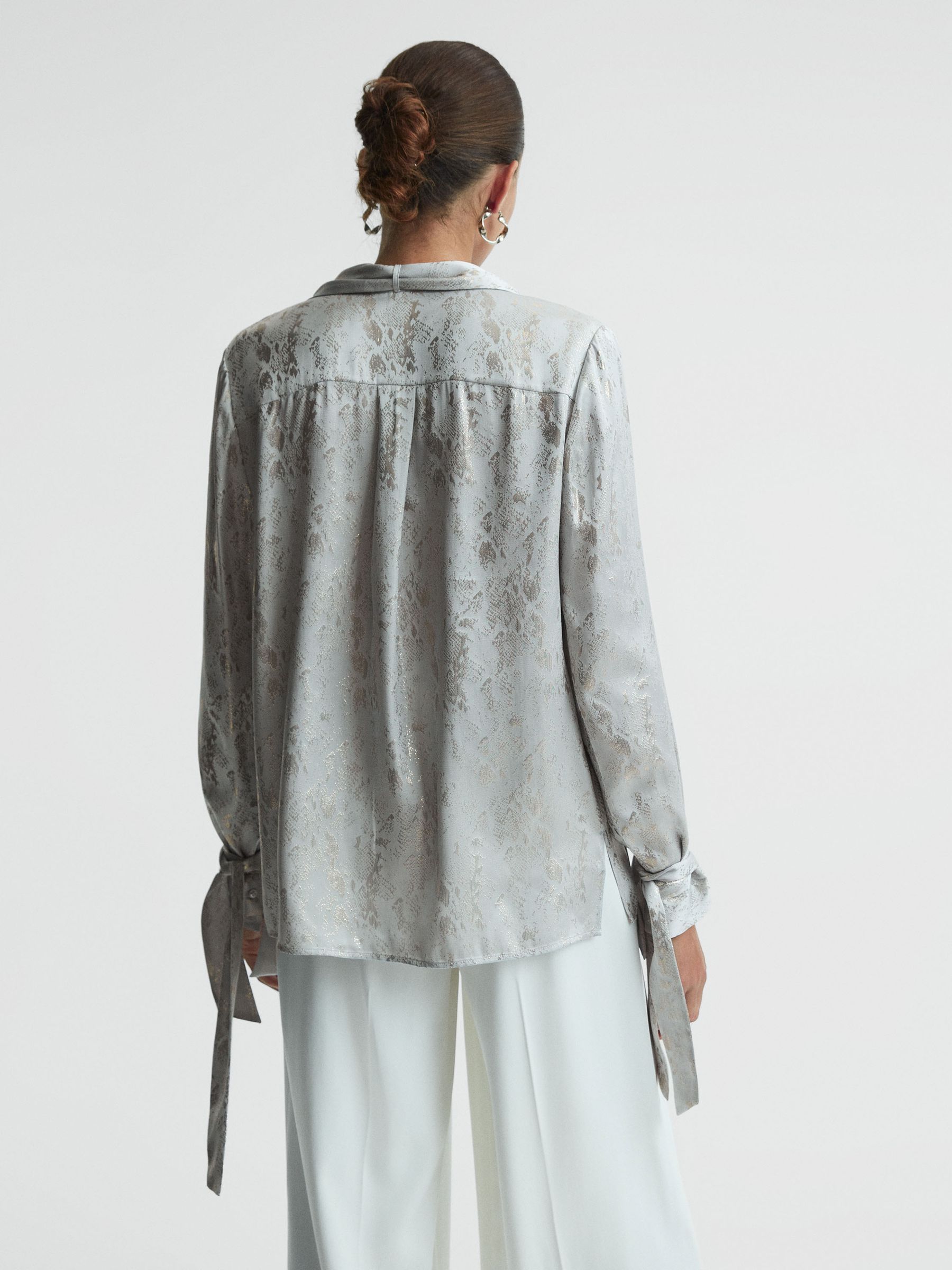 Premium Metallic Removable Tie Detail Blouse in Silver - Image 5 of 6