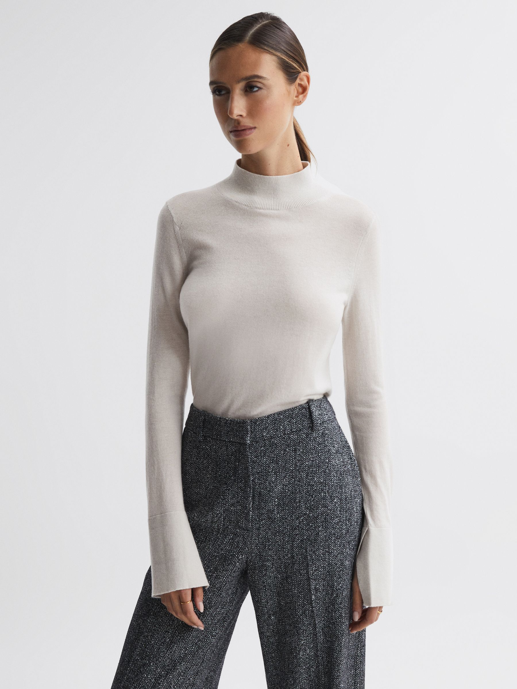 Merino Wool Fitted Funnel Neck Top in Stone - Image 1 of 5