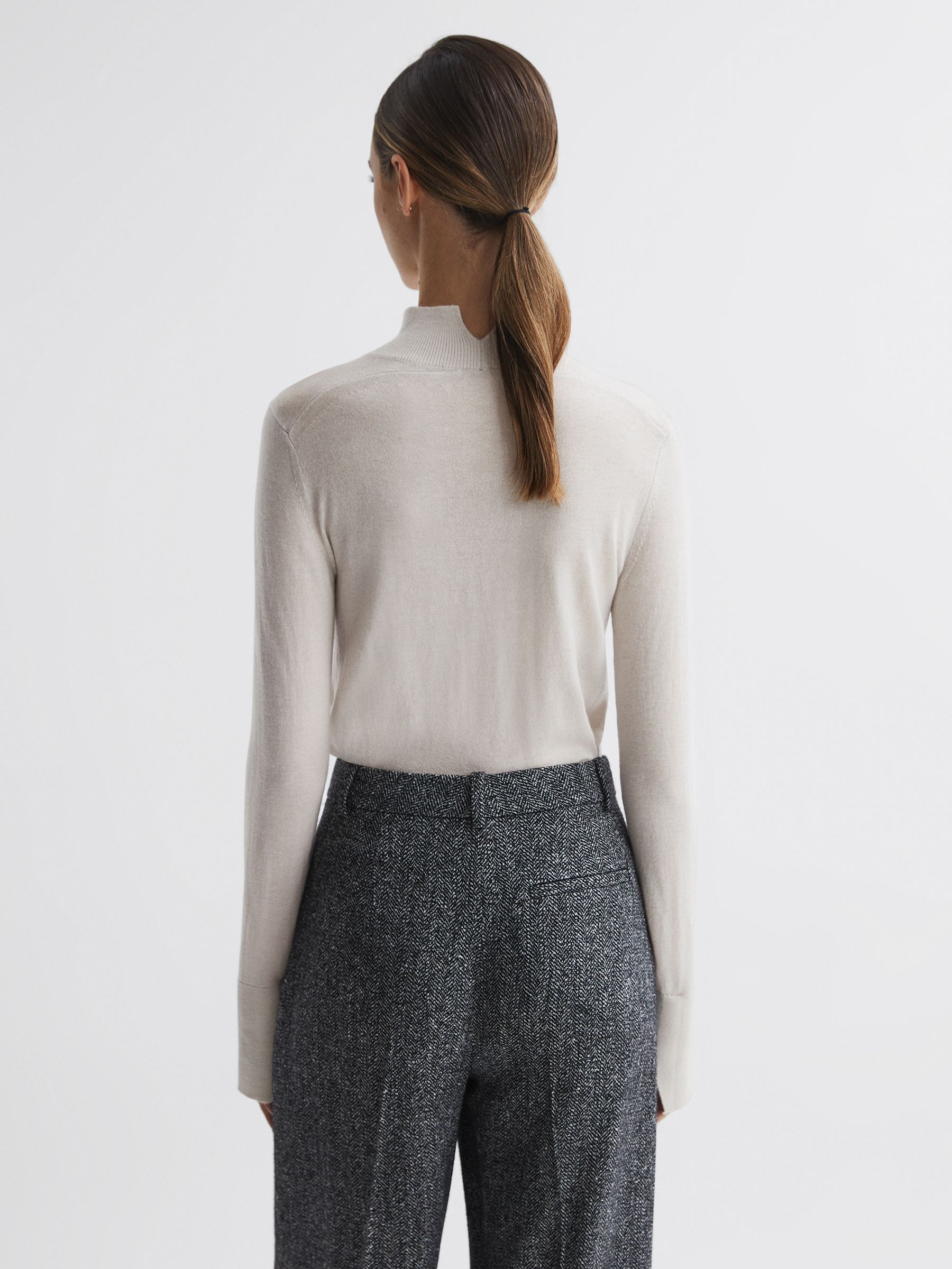 Merino Wool Fitted Funnel Neck Top in Stone - Image 5 of 5