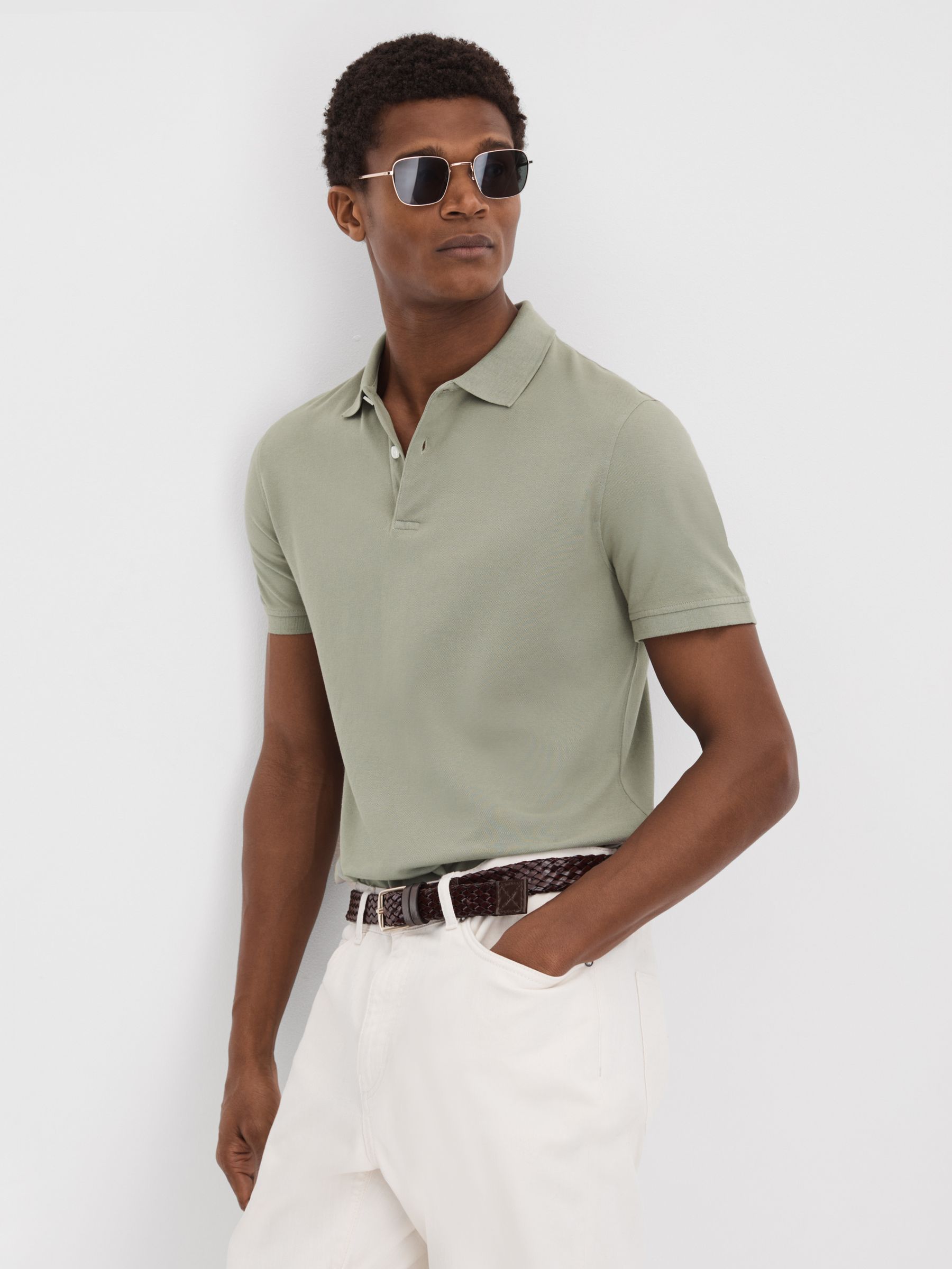 Garment Dyed Cotton Polo Shirt in Dark Sage - Image 1 of 6