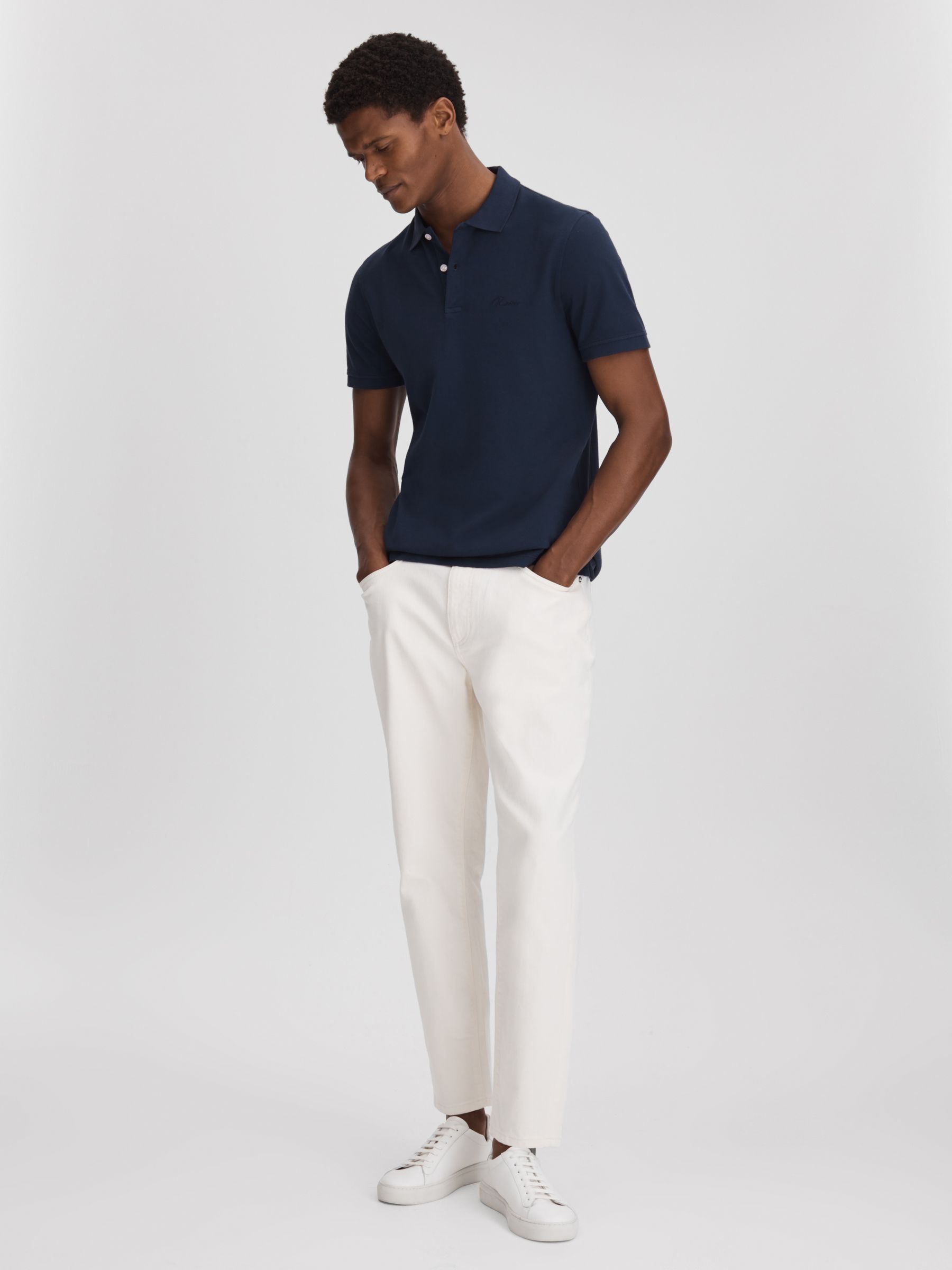 Slim Fit Garment Dyed Embroidered Polo Shirt in Airforce Blue - Image 3 of 6