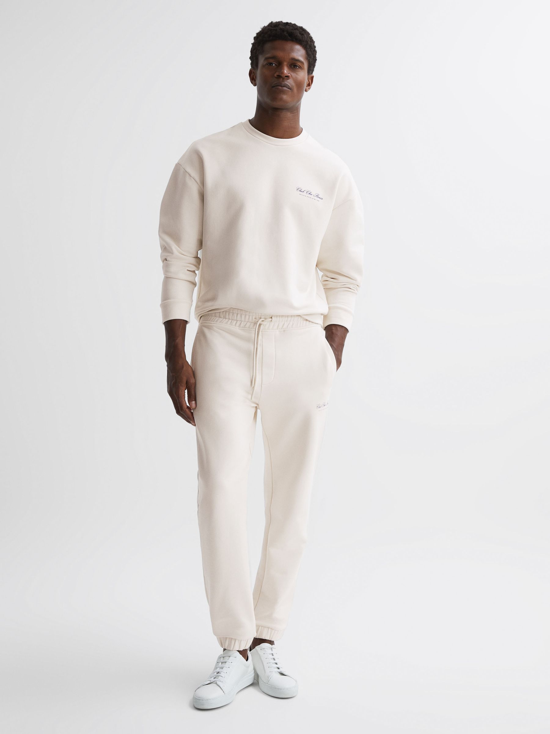 Reiss | Ché Motif Cotton Drawstring Joggers in Off White - Image 1 of 5