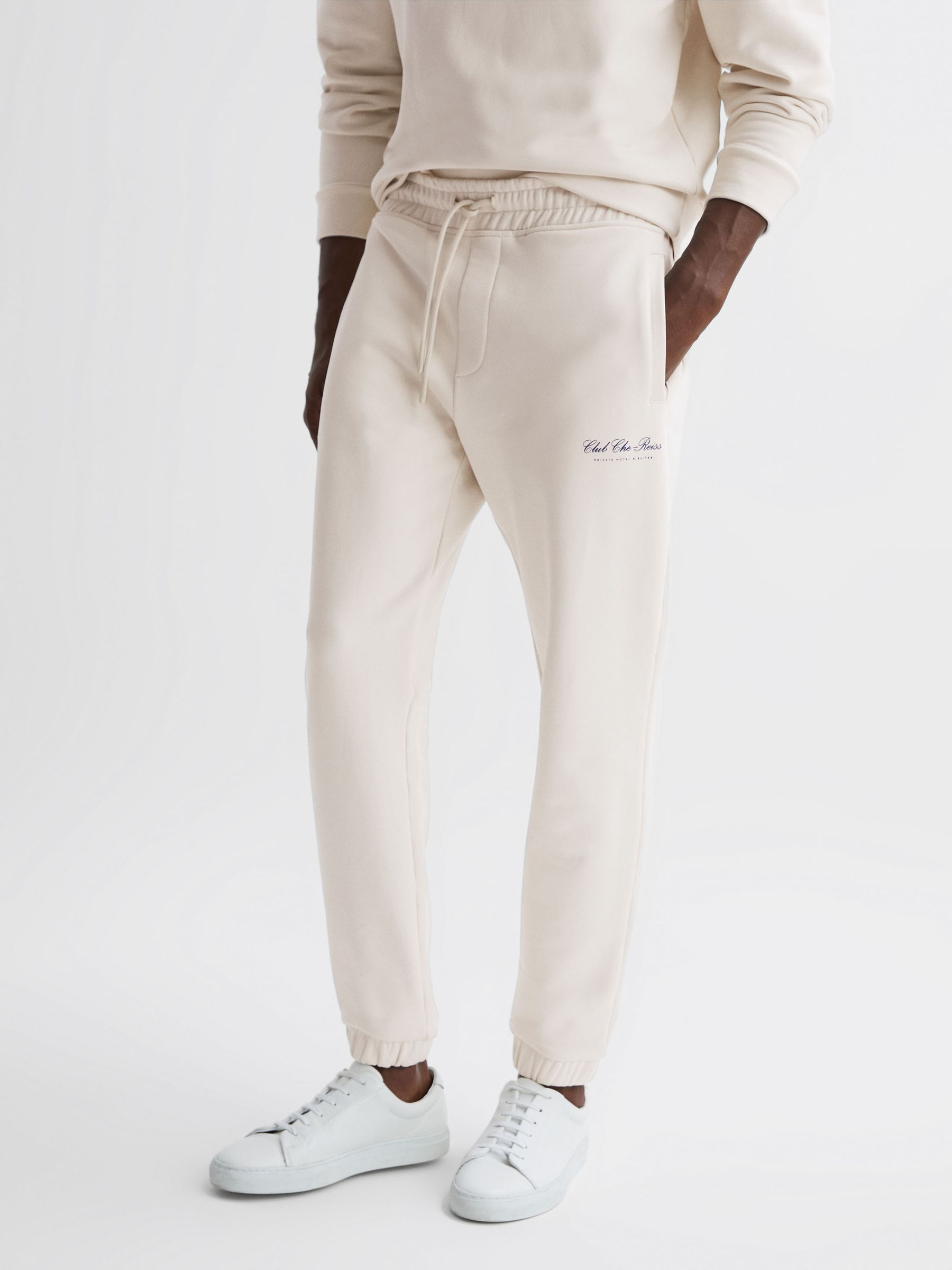 Reiss | Ché Motif Cotton Drawstring Joggers in Off White - Image 3 of 5