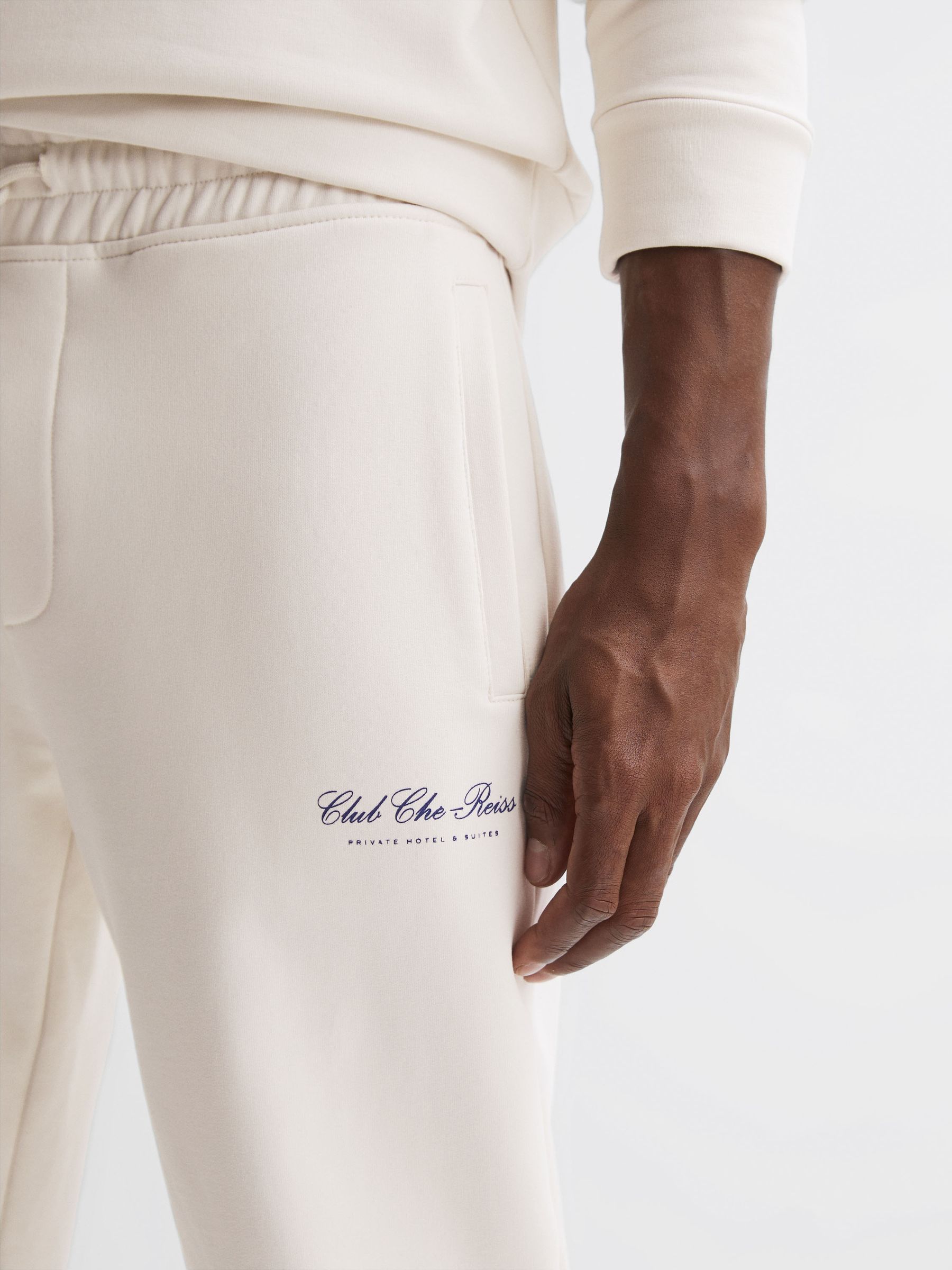 Reiss | Ché Motif Cotton Drawstring Joggers in Off White - Image 4 of 5