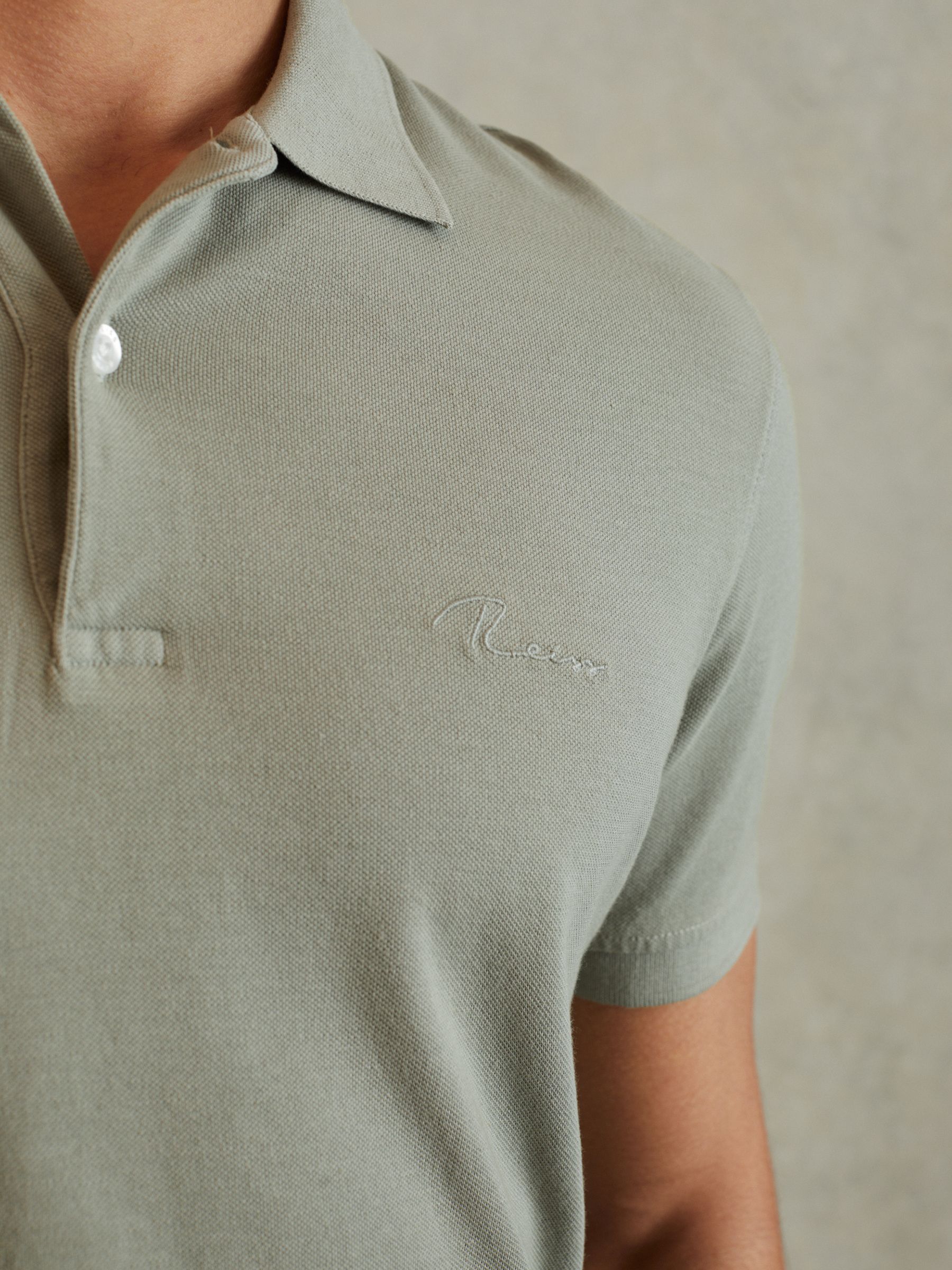 Slim Fit Garment Dyed Embroidered Polo Shirt in Dark Sage - Image 3 of 5