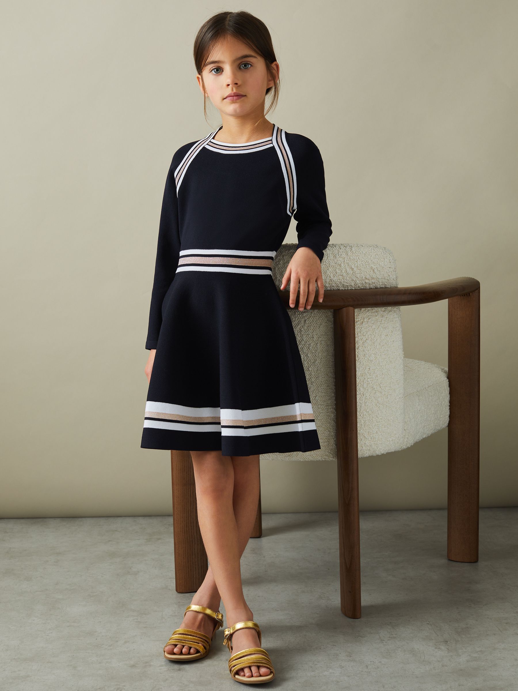 4-9 yrs Sparkle Trim Knitted Skater Dress in Navy - Image 3 of 4
