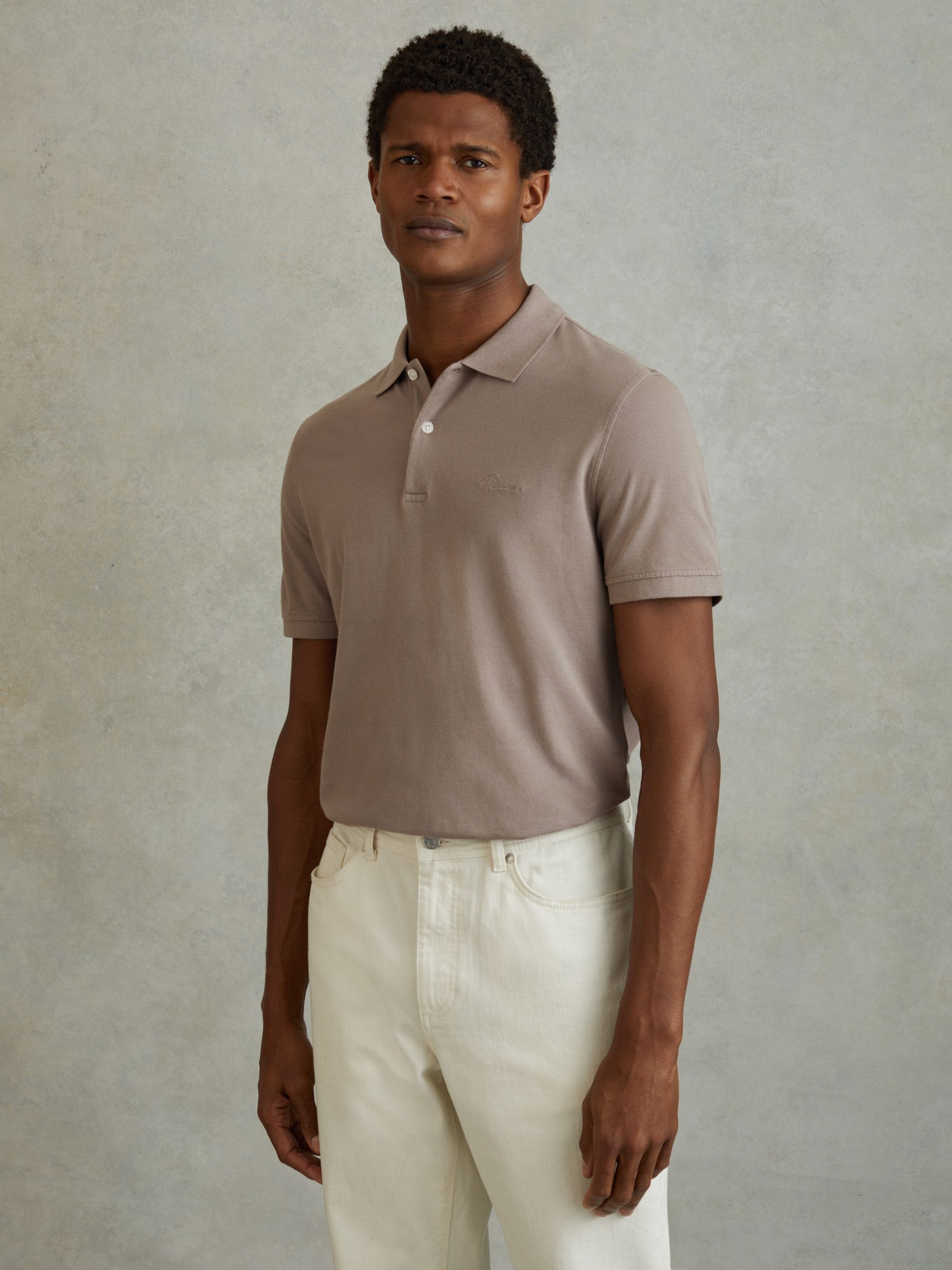 Slim Fit Garment Dyed Embroidered Polo Shirt in Dark Taupe - Image 1 of 6