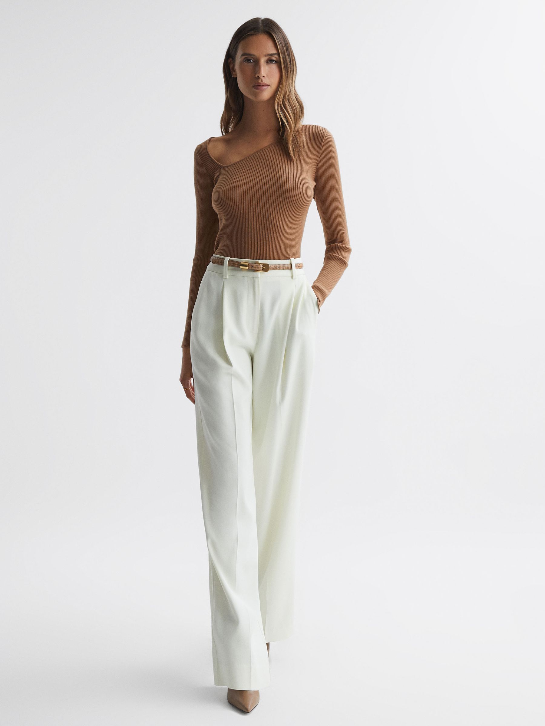 Fitted Ribbed Asymmetric Neck T-Shirt in Camel - Image 1 of 4 Fitted Ribbed Asymmetric Neck T-Shirt in Camel - Image 1 of 4