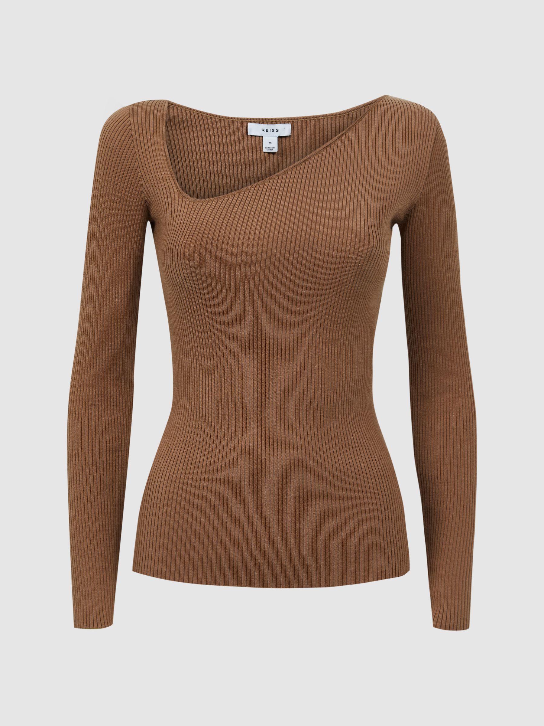 Fitted Ribbed Asymmetric Neck T-Shirt in Camel - Image 2 of 4