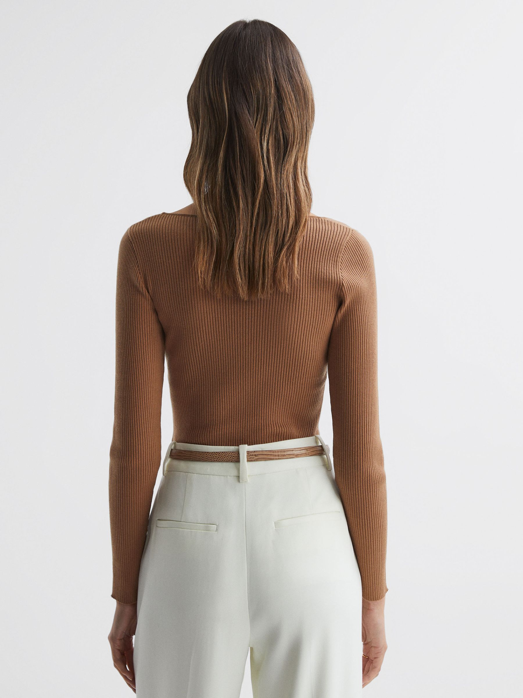 Fitted Ribbed Asymmetric Neck T-Shirt in Camel - Image 4 of 4