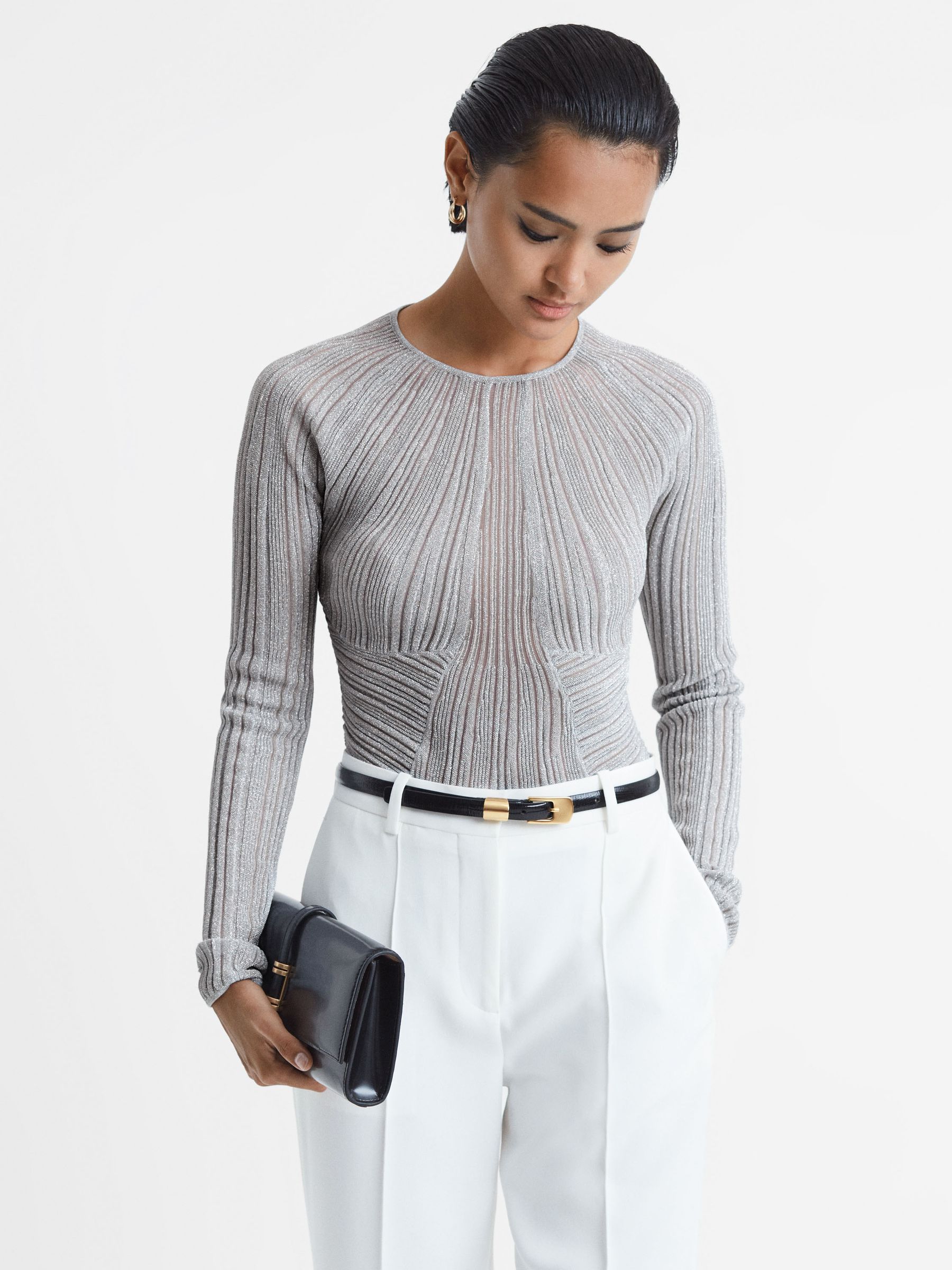 Metallic Sheer Striped Top in Silver - Image 1 of 5