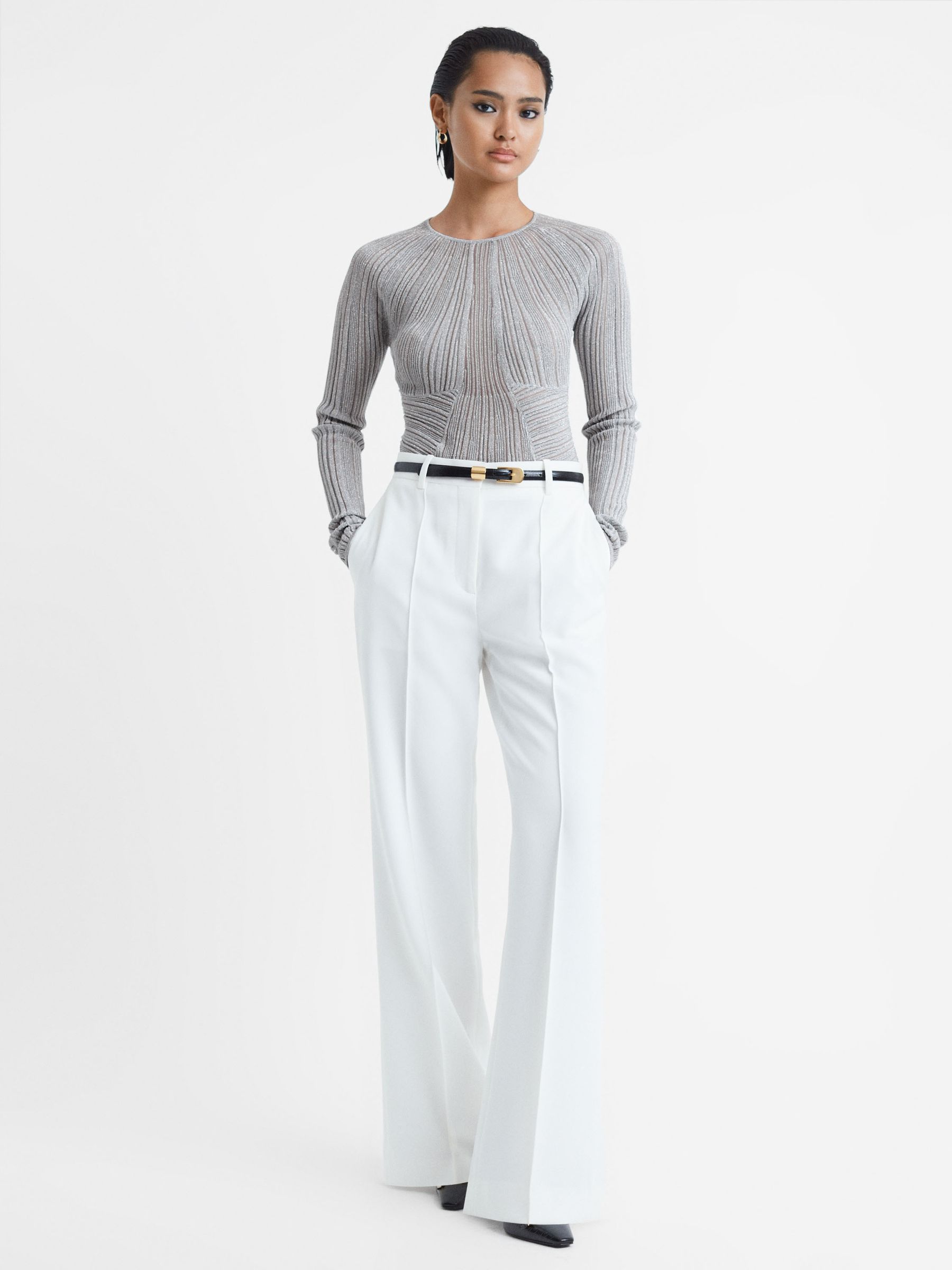 Metallic Sheer Striped Top in Silver - Image 3 of 5