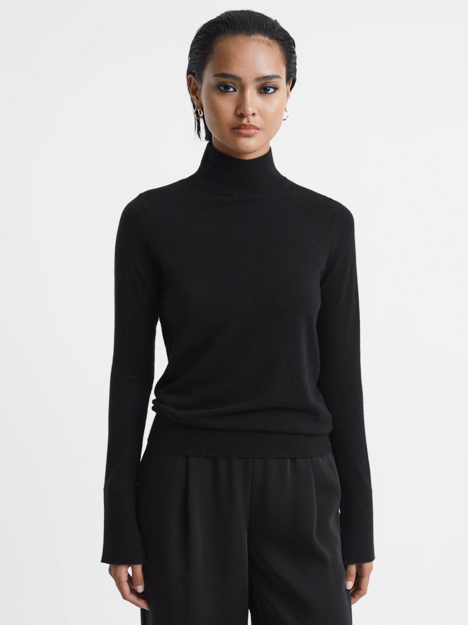 Merino Wool Fitted Funnel Neck Top in Black - Image 1 of 5 Merino Wool Fitted Funnel Neck Top in Black - Image 1 of 5