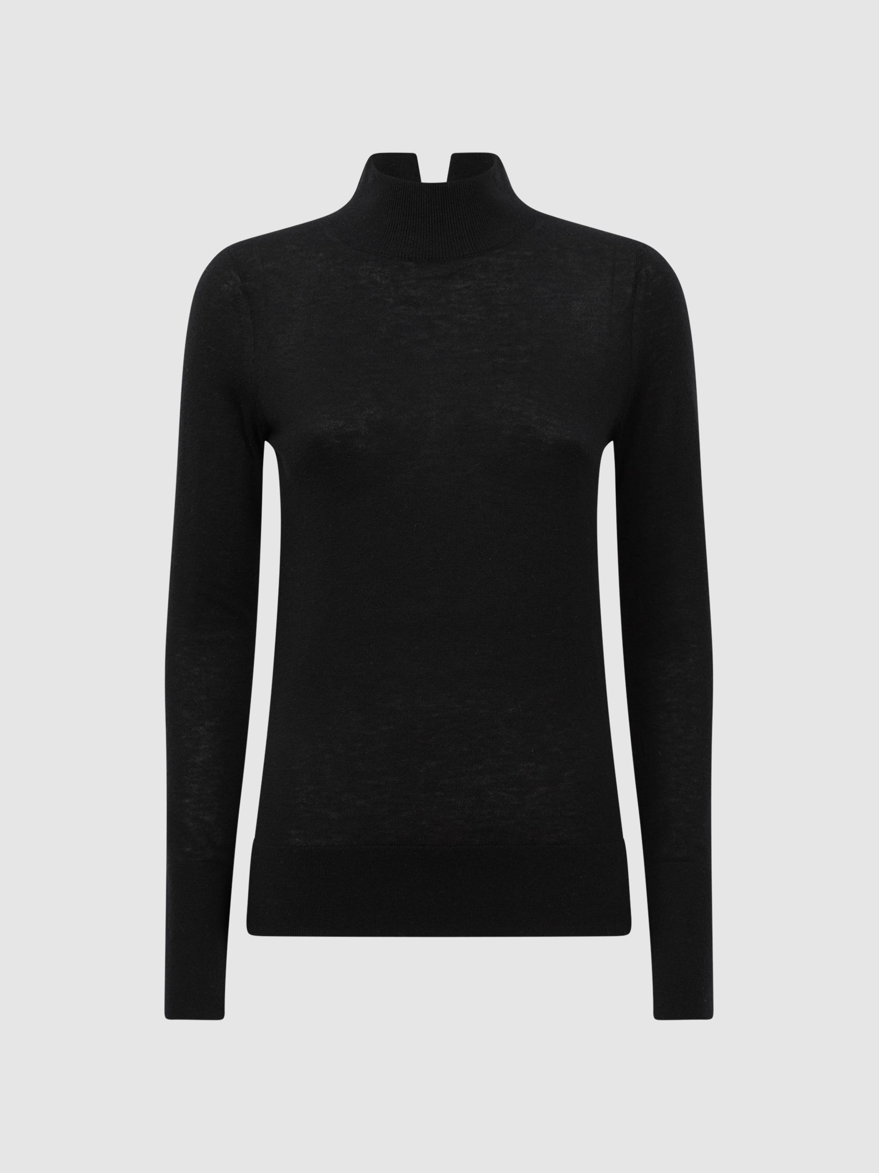 Merino Wool Fitted Funnel Neck Top in Black - Image 2 of 5