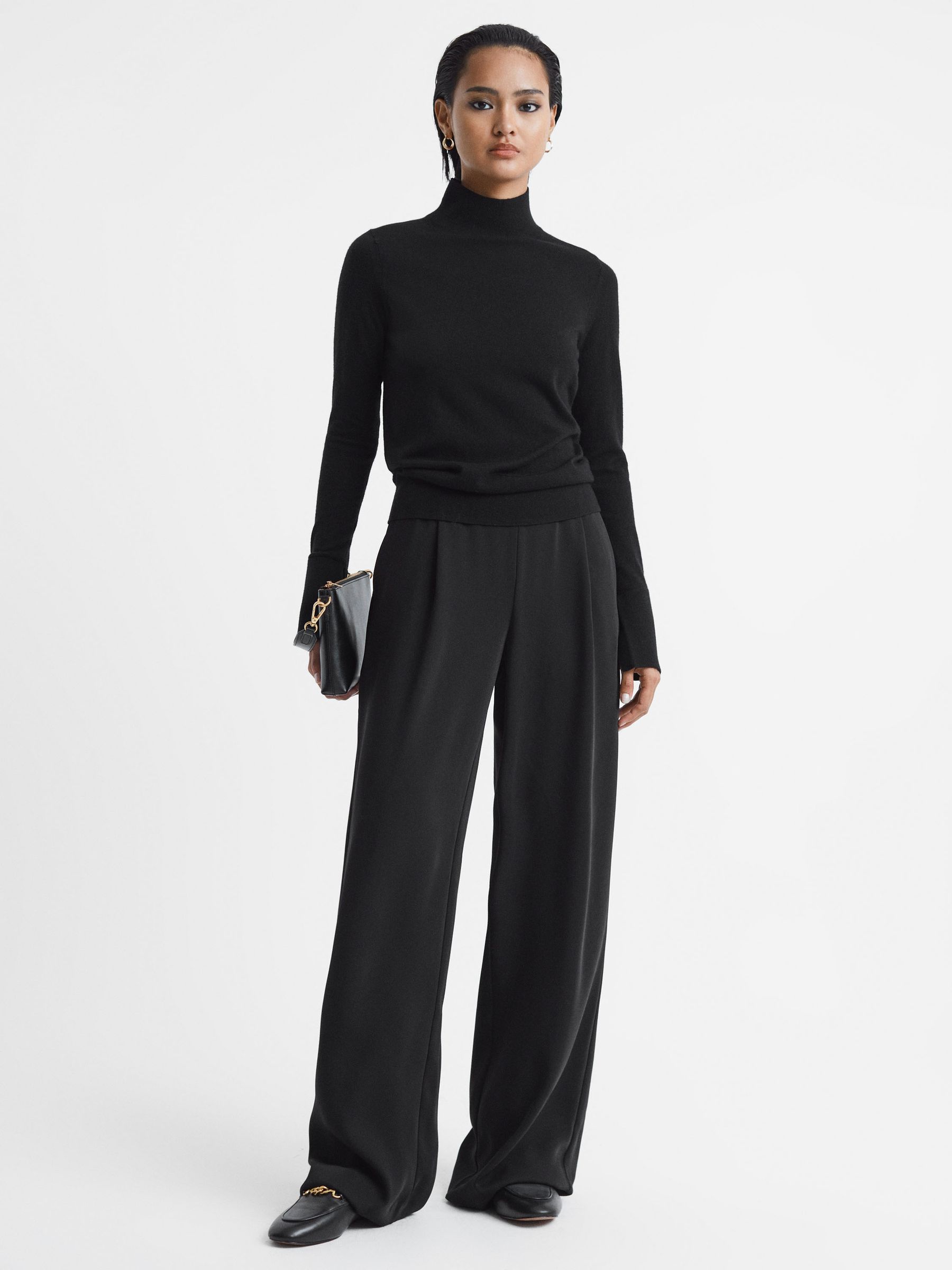 Merino Wool Fitted Funnel Neck Top in Black - Image 3 of 5