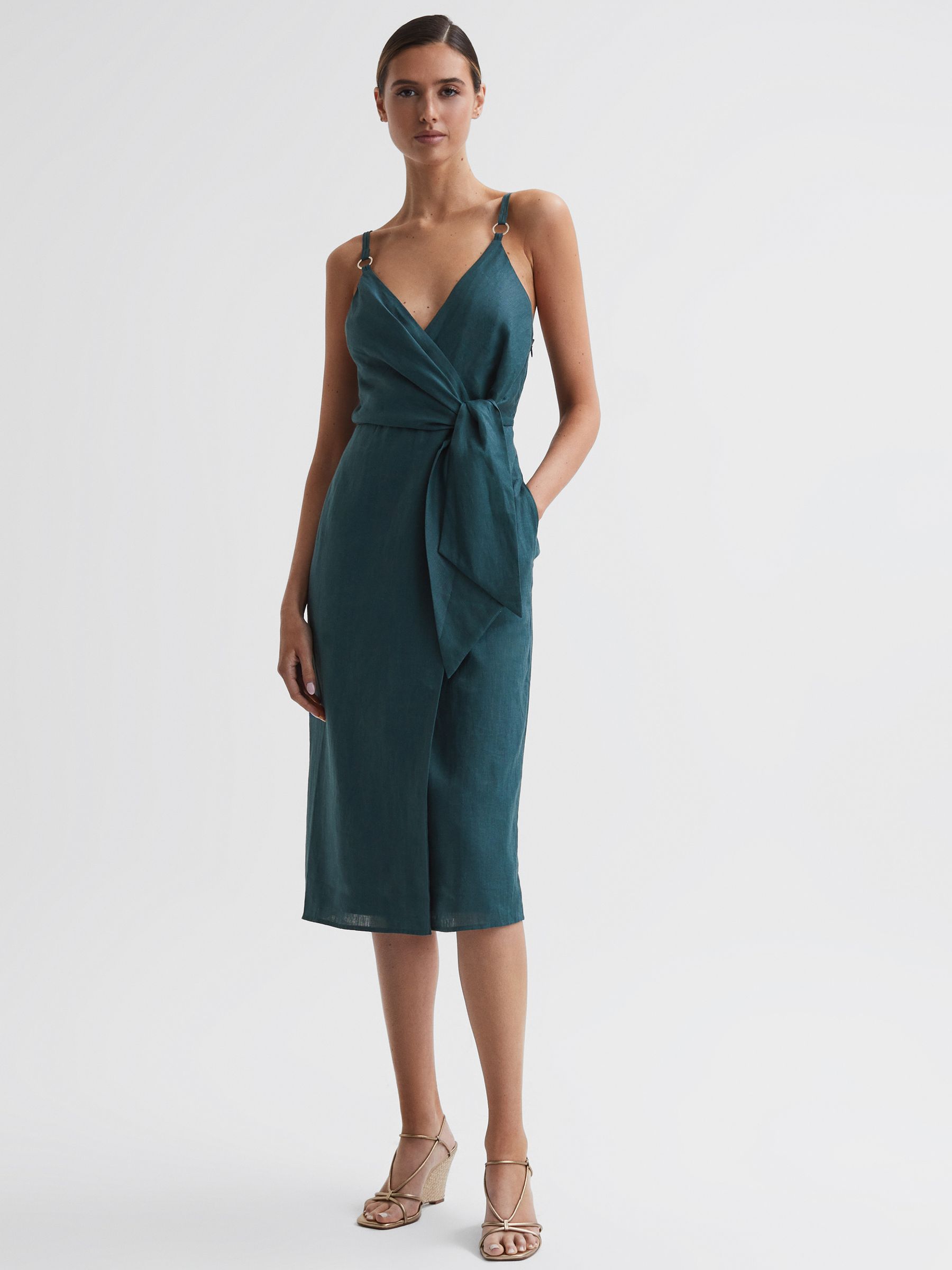 Linen Side Tie Midi Dress in Dark Teal - Image 1 of 4