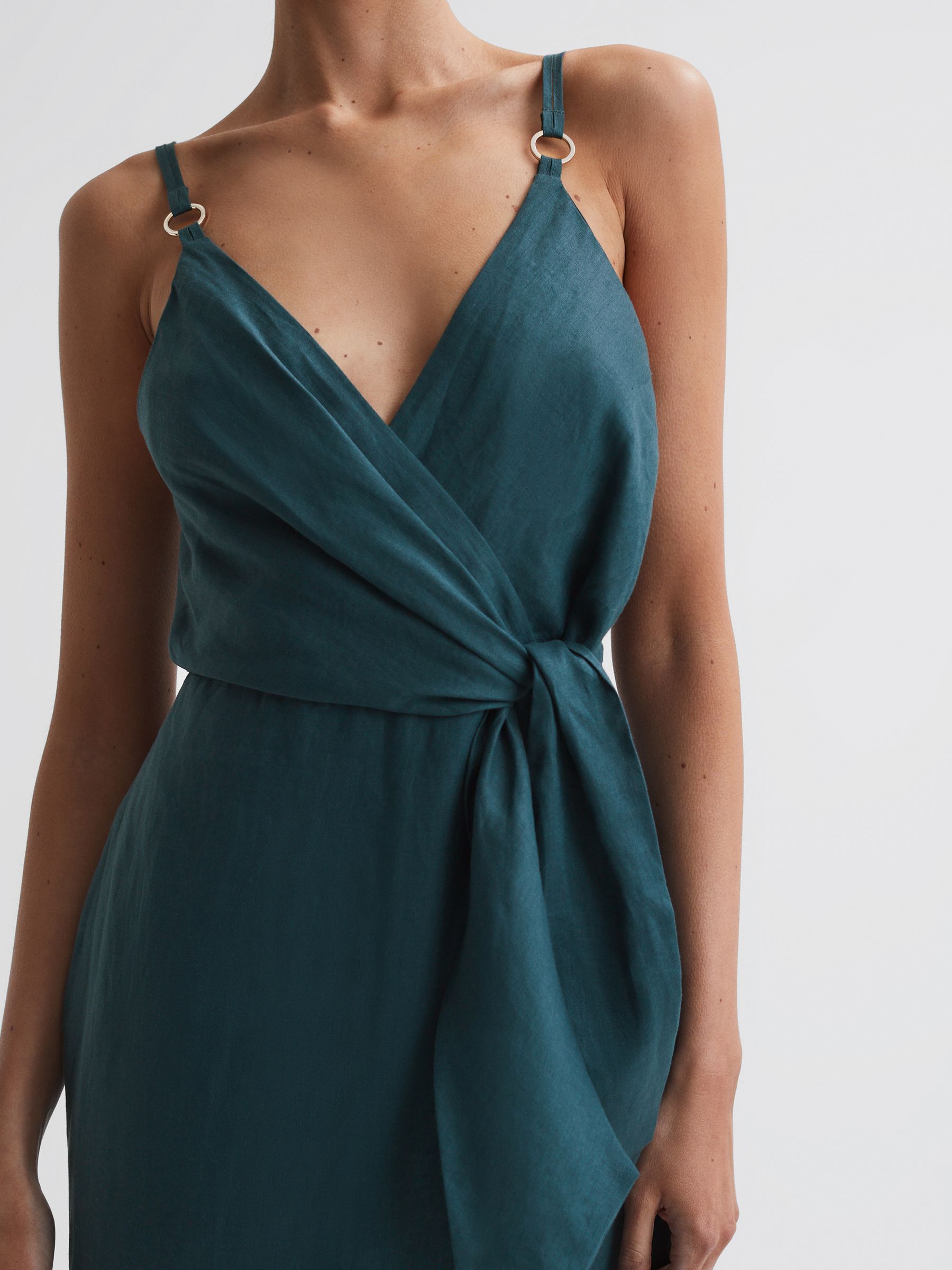 Linen Side Tie Midi Dress in Dark Teal - Image 3 of 4