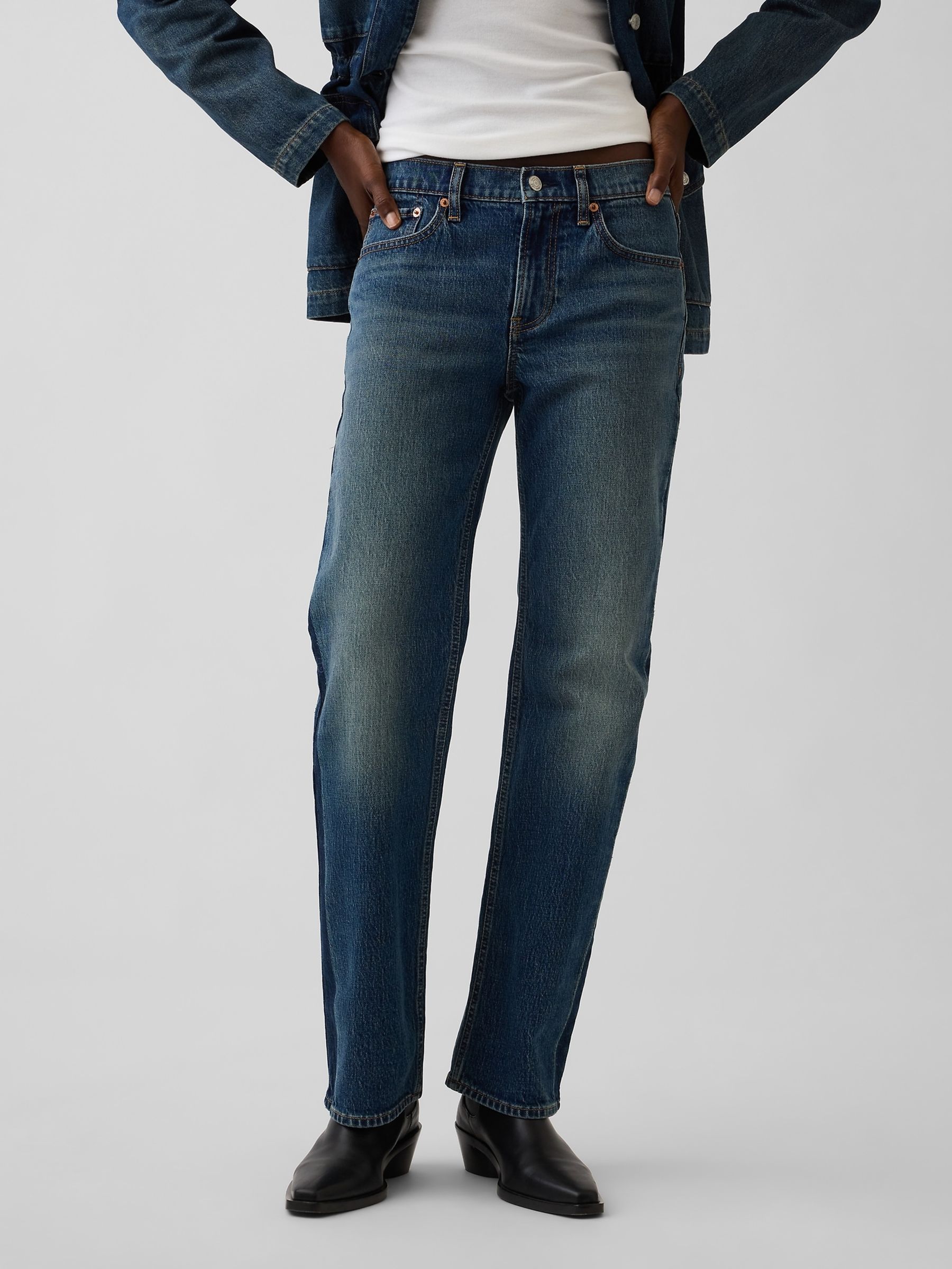Dark Wash Mid Rise Relaxed Straight Jeans - Image 1 of 7