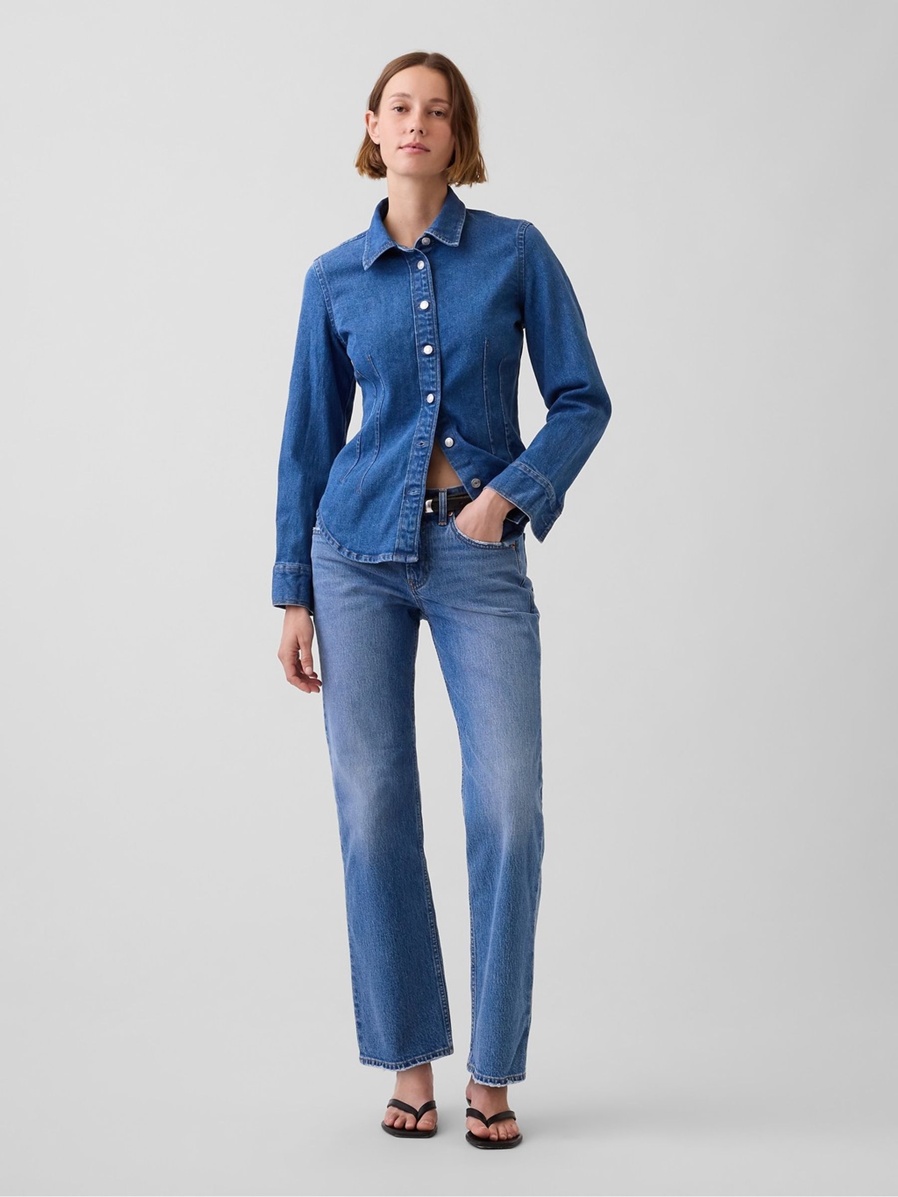 Medium Wash Mid Rise Relaxed Straight Jeans - Image 1 of 5