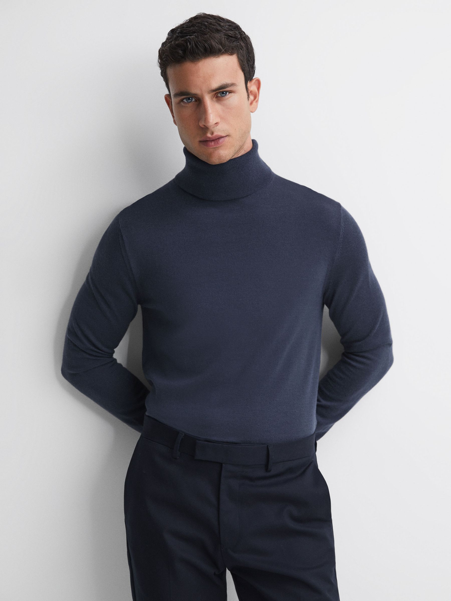 Slim Fit Merino Wool Roll Neck Jumper in Eclipse Blue - Image 1 of 5 Slim Fit Merino Wool Roll Neck Jumper in Eclipse Blue - Image 1 of 5
