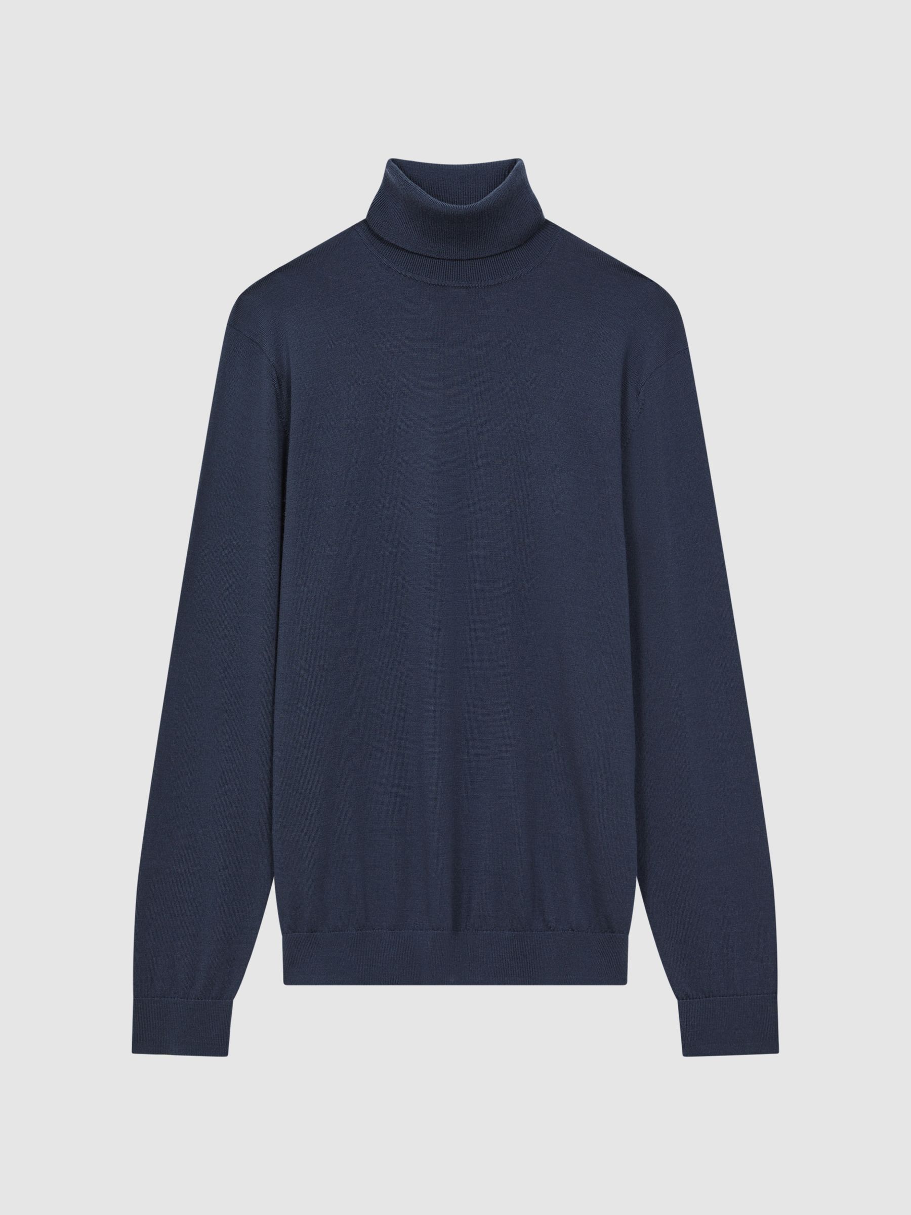 Slim Fit Merino Wool Roll Neck Jumper in Eclipse Blue - Image 2 of 5