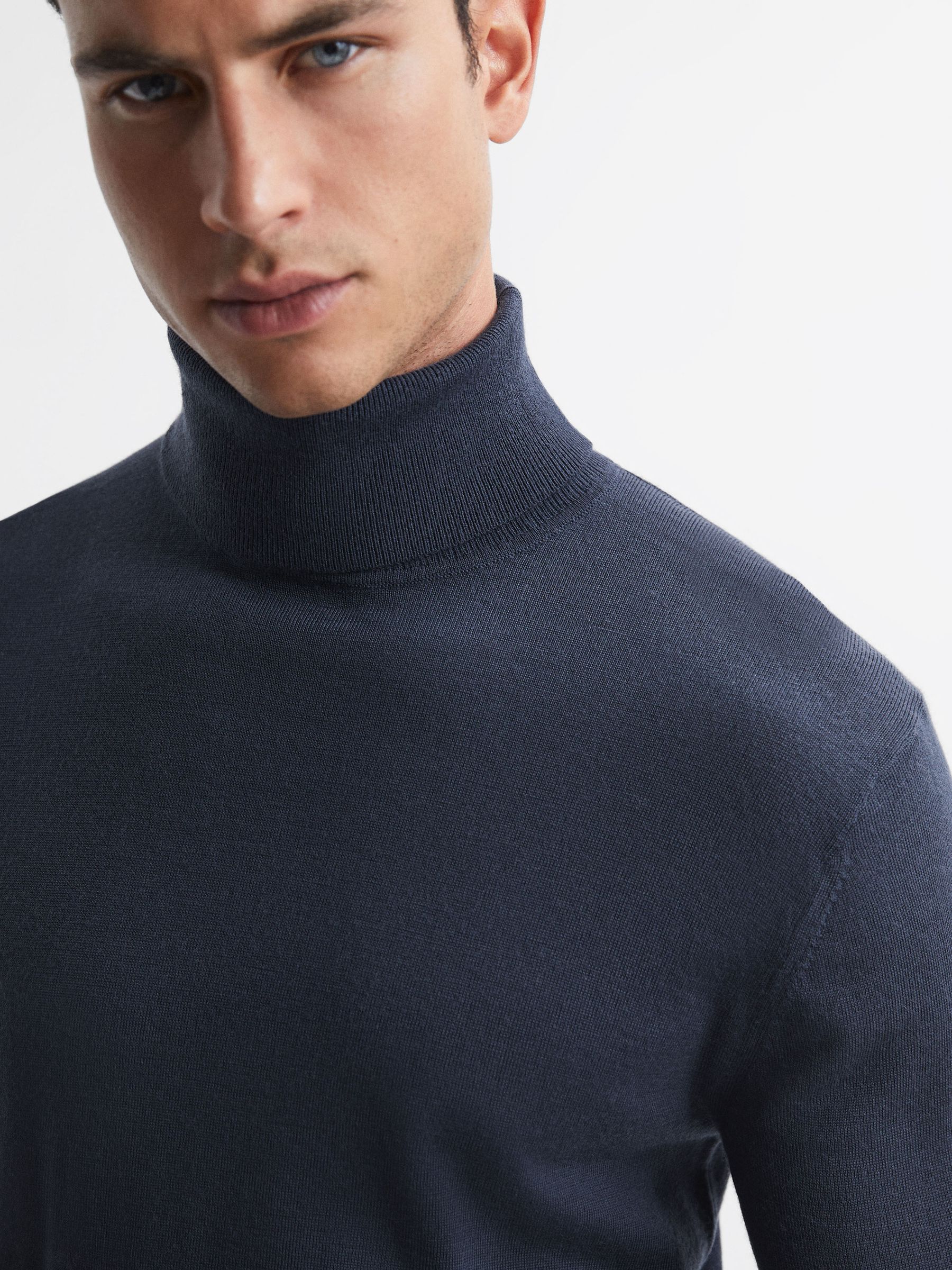 Slim Fit Merino Wool Roll Neck Jumper in Eclipse Blue - Image 4 of 5