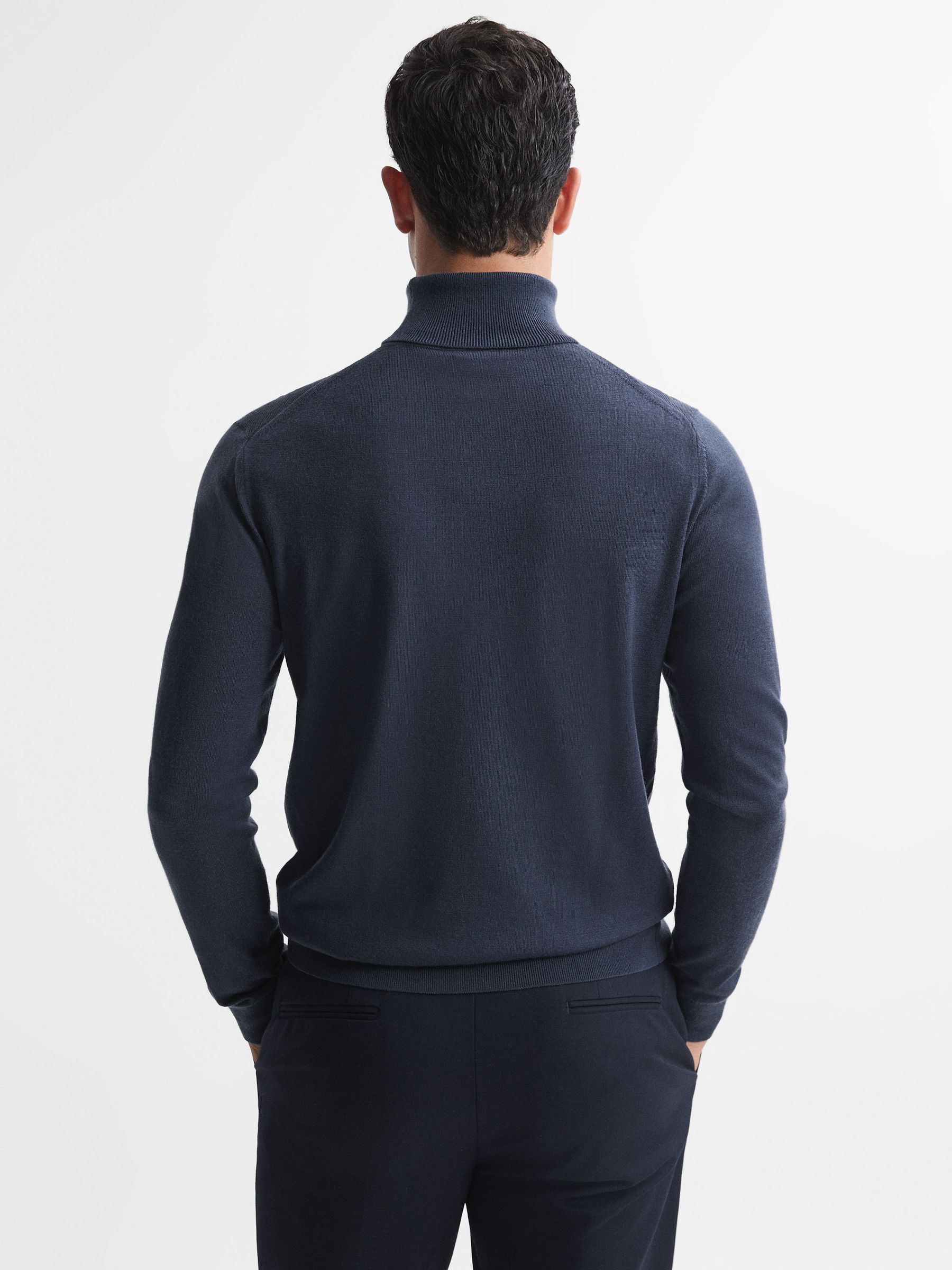 Slim Fit Merino Wool Roll Neck Jumper in Eclipse Blue - Image 5 of 5