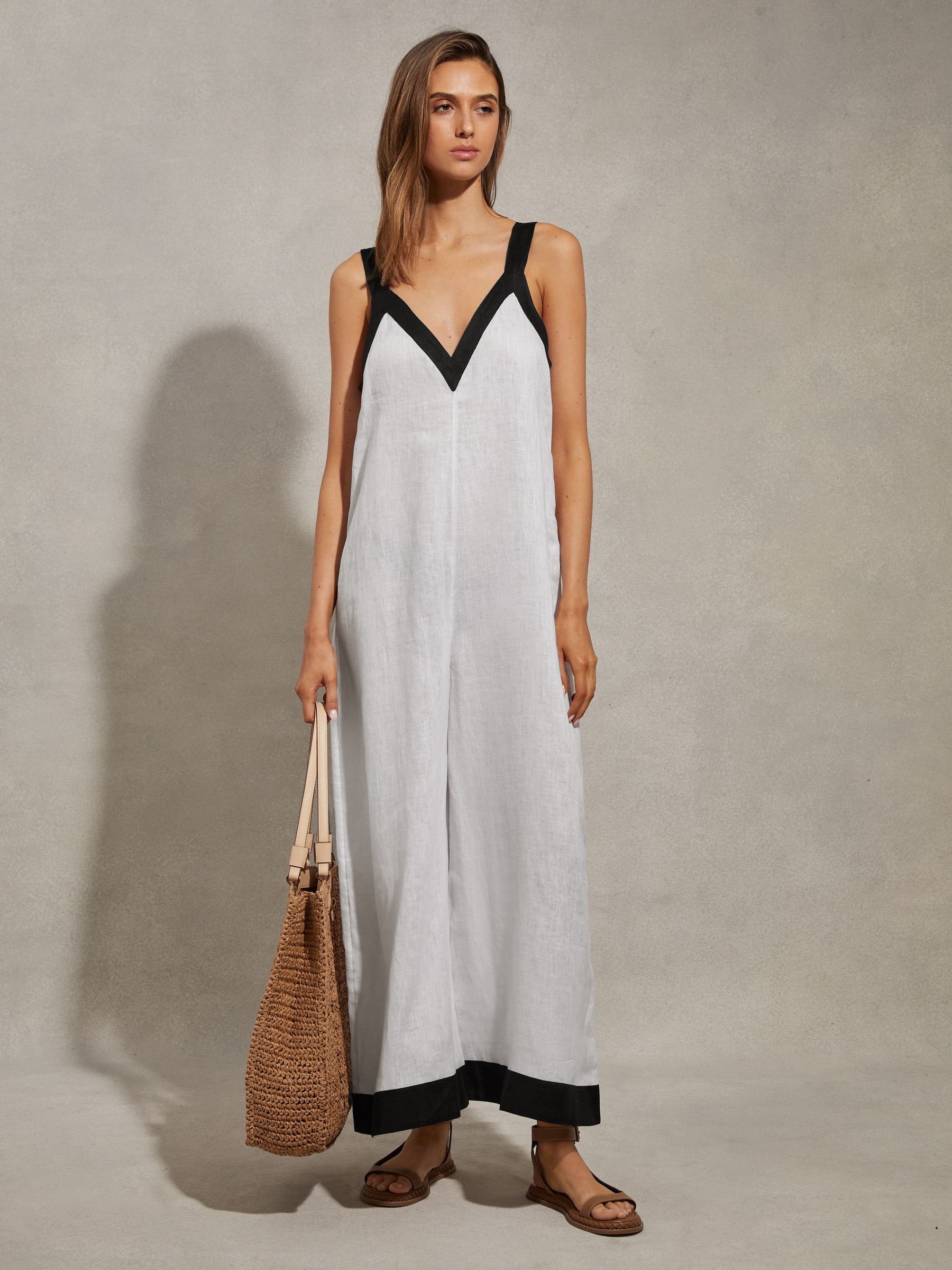 Linen Wide Leg Playsuit in White/Navy - Image 1 of 6