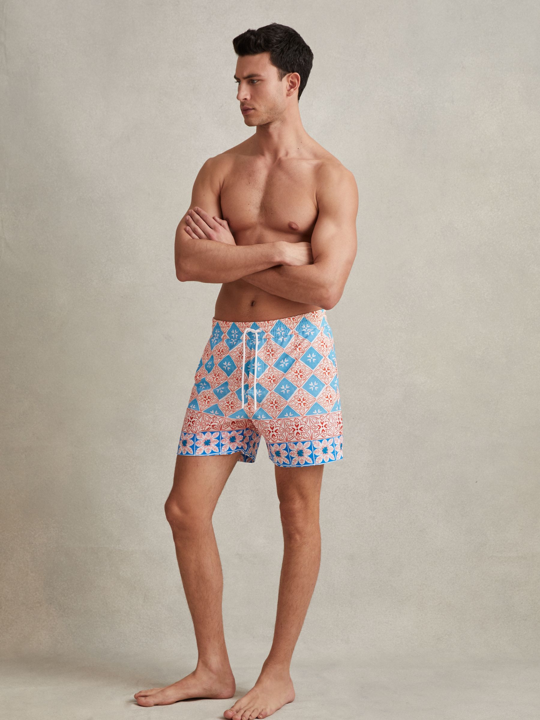 Medallion Print Drawstring Swim Shorts in Orange Multi - Image 3 of 6