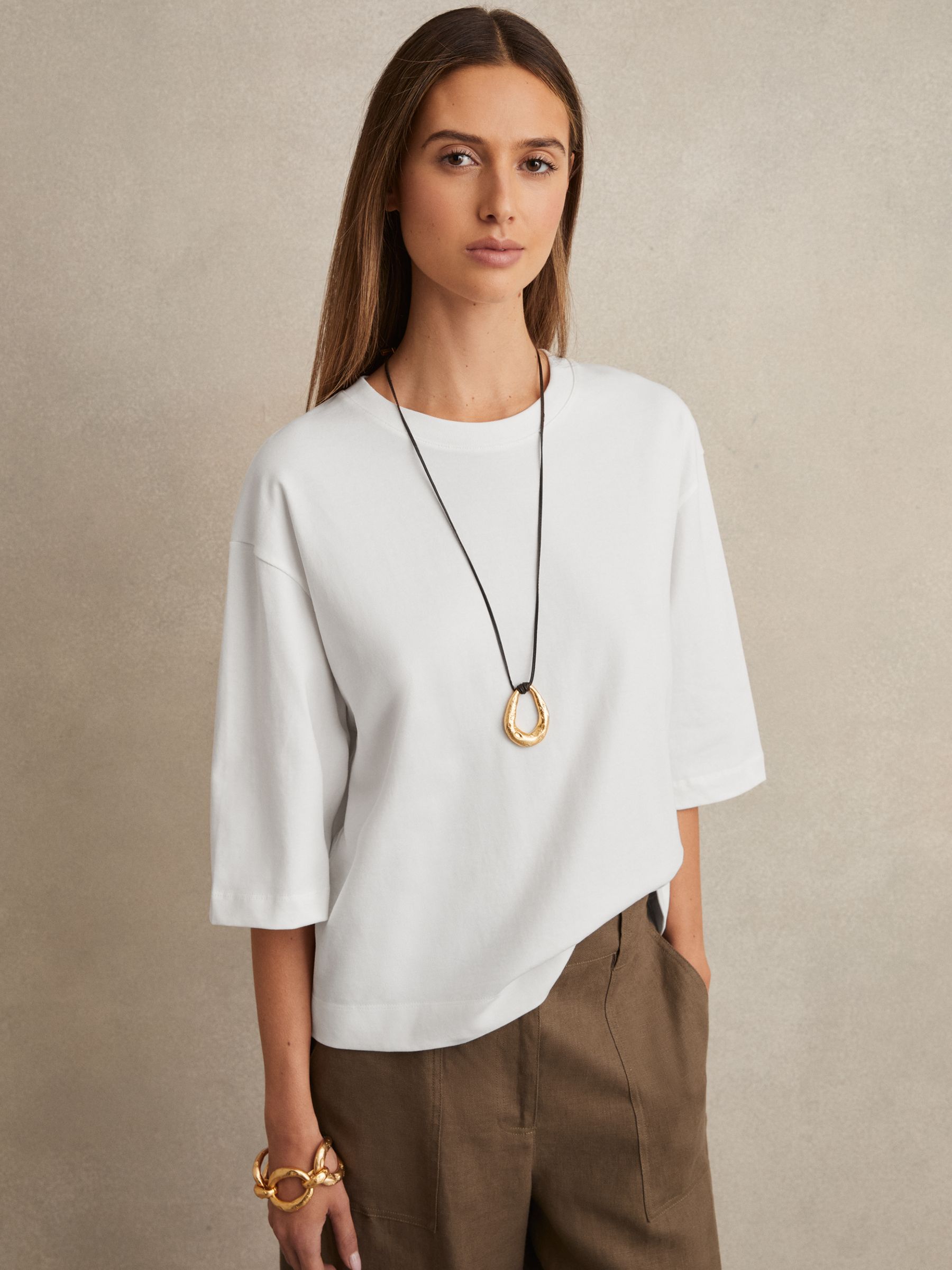 Oversized Cotton Crew Neck T-Shirt in White - Image 1 of 6