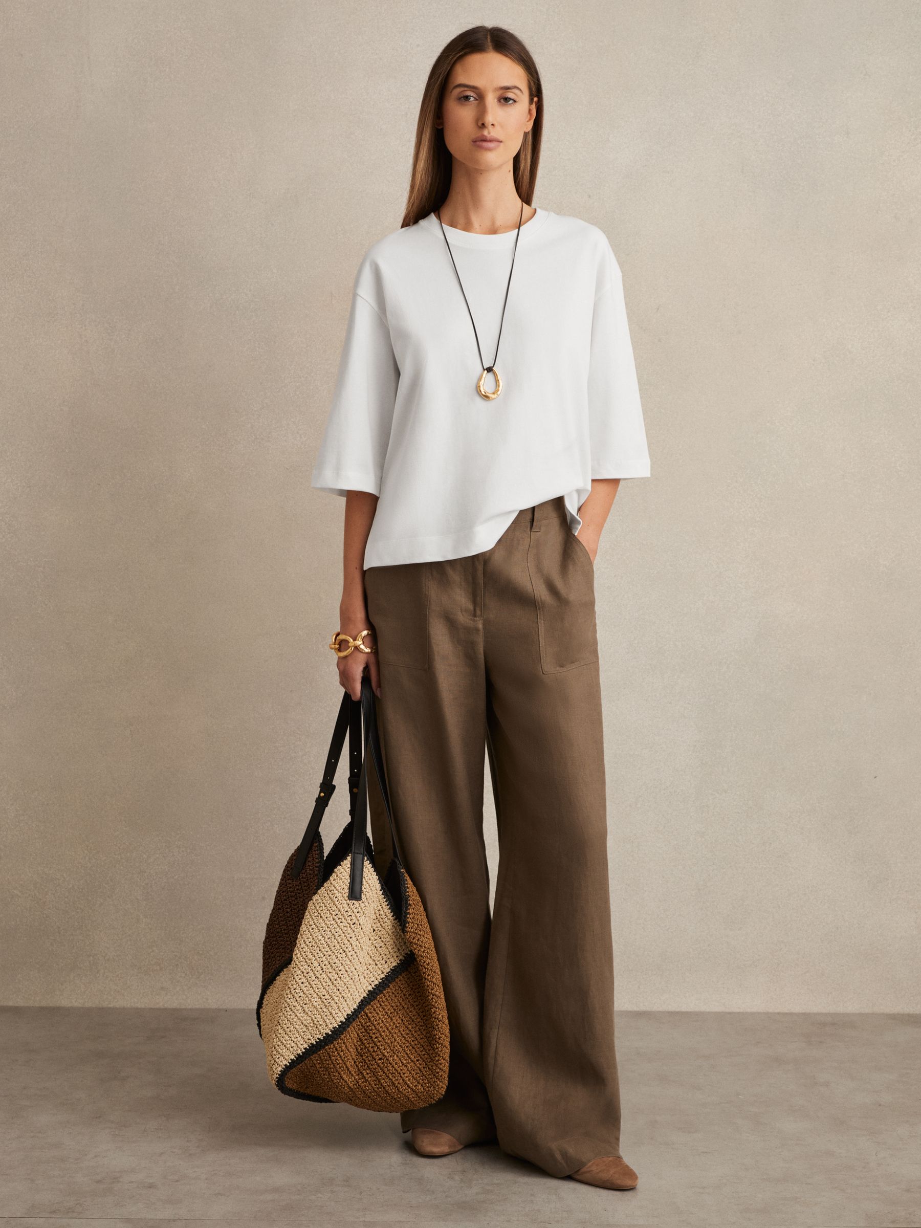 Oversized Cotton Crew Neck T-Shirt in White - Image 3 of 6