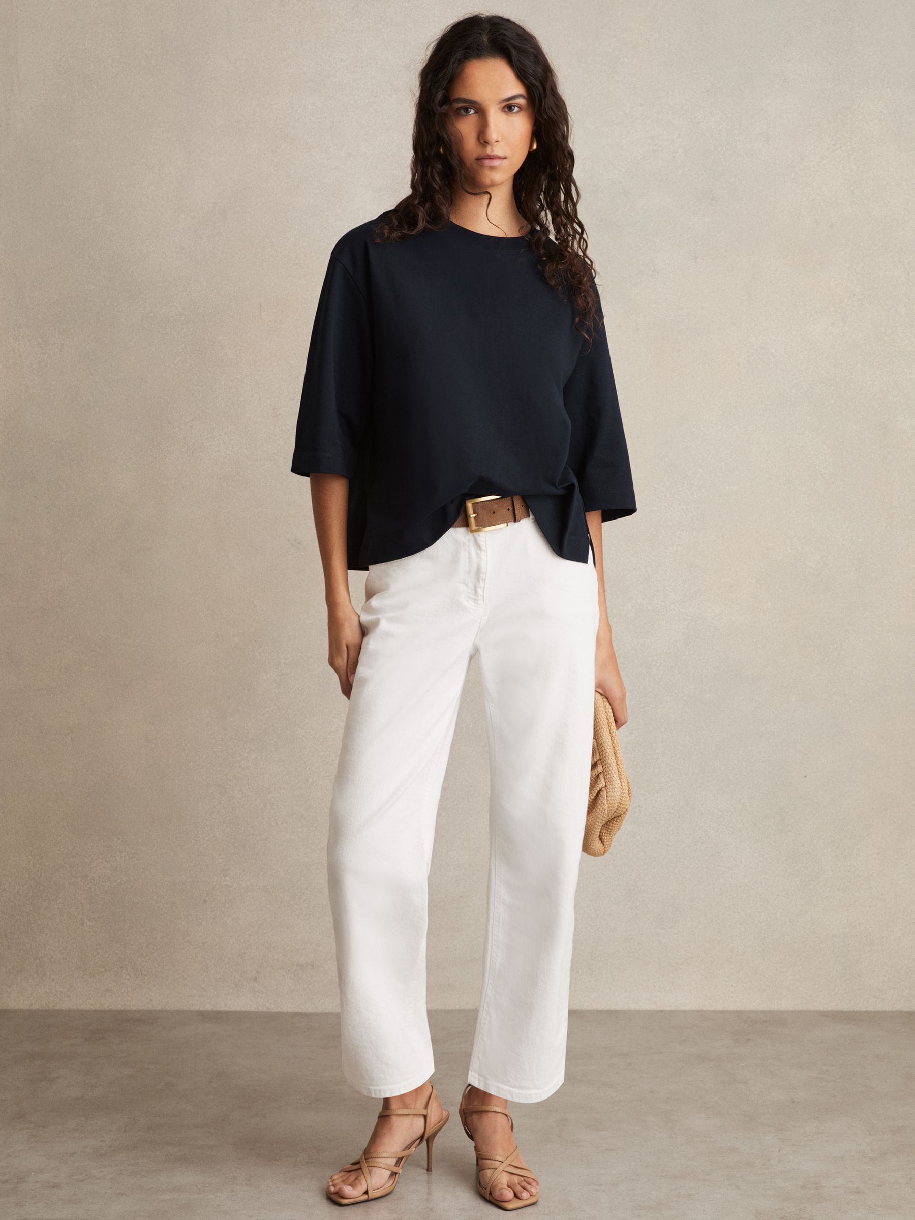Oversized Cotton Crew Neck T-Shirt in Navy - Image 1 of 6
