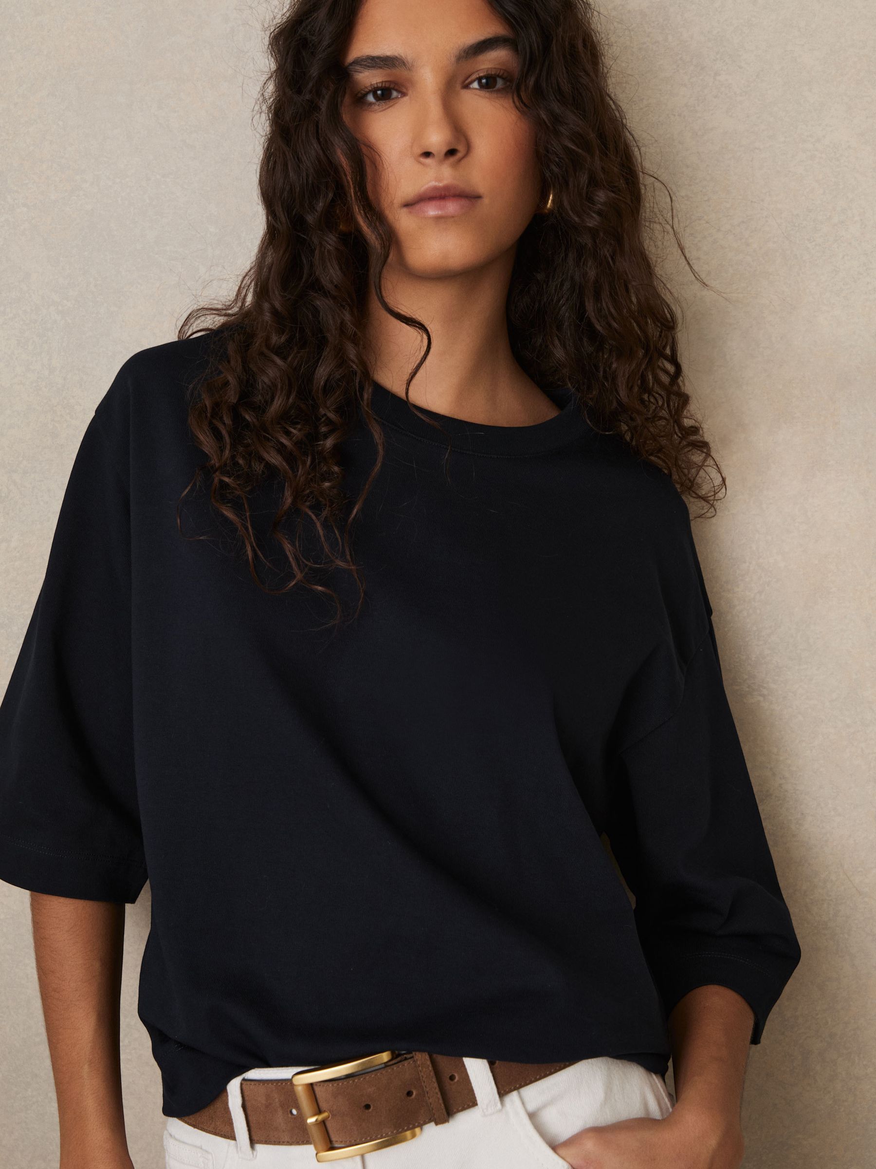 Oversized Cotton Crew Neck T-Shirt in Navy - Image 3 of 6