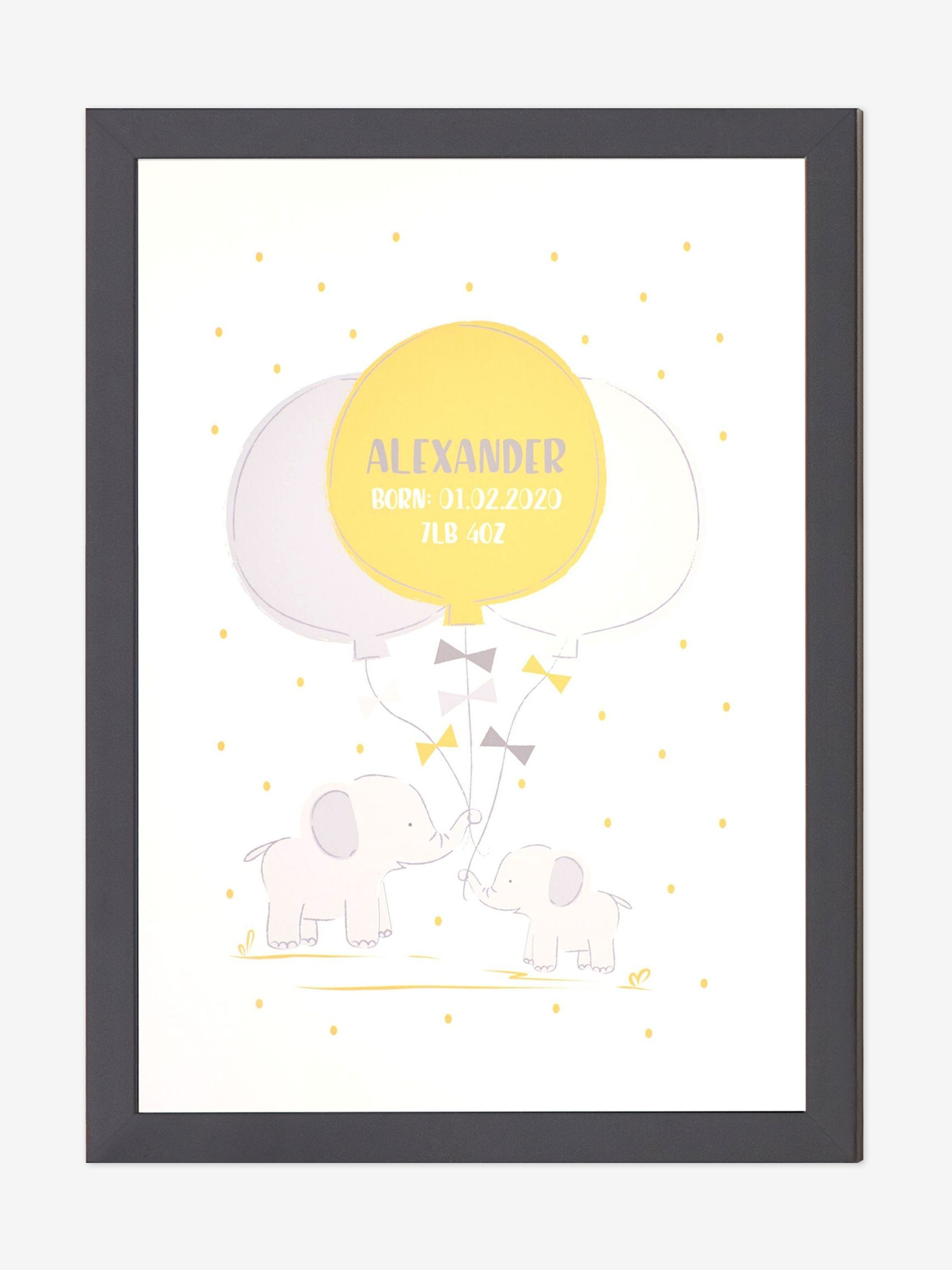 Black Personalised & Framed Baby Elephant Print - Image 1 of 1