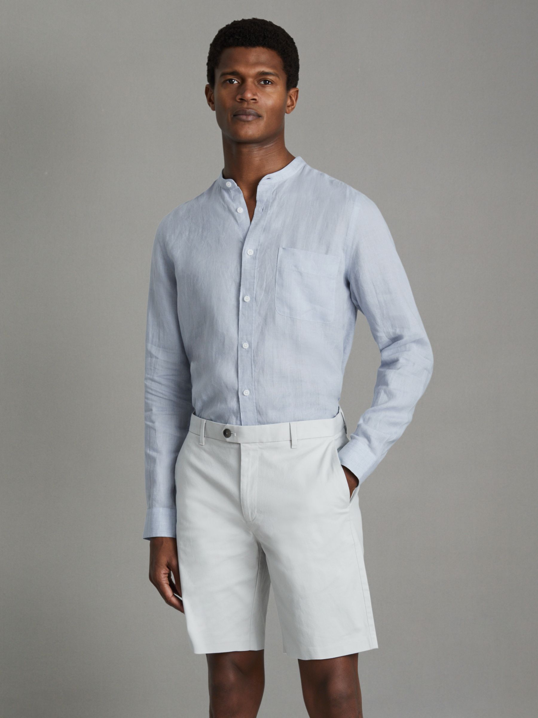 Linen Grandad Collar Shirt in Light Blue - Image 1 of 5