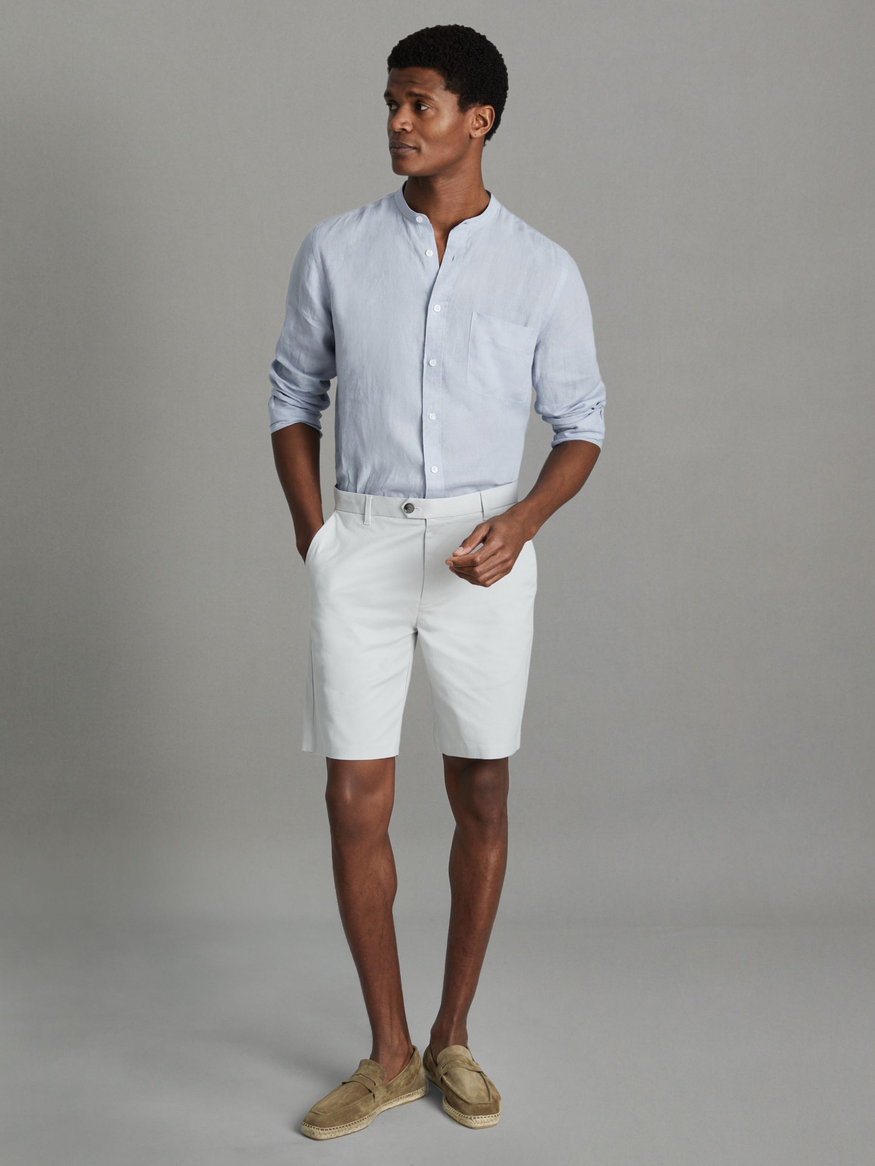 Linen Grandad Collar Shirt in Light Blue - Image 3 of 5