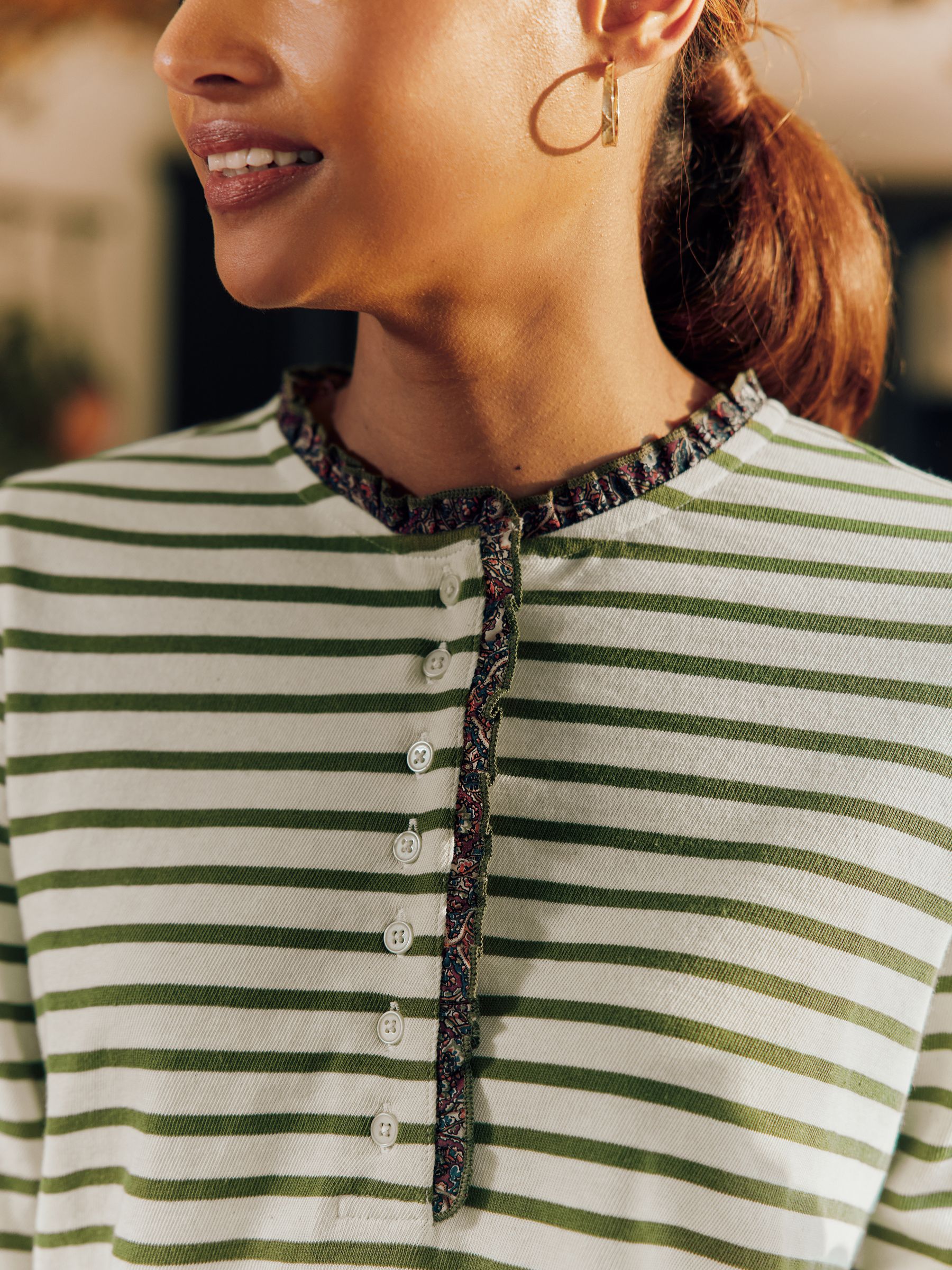 Daphne Green Striped Long Sleeve Top with Frill Neck - Image 1 of 7