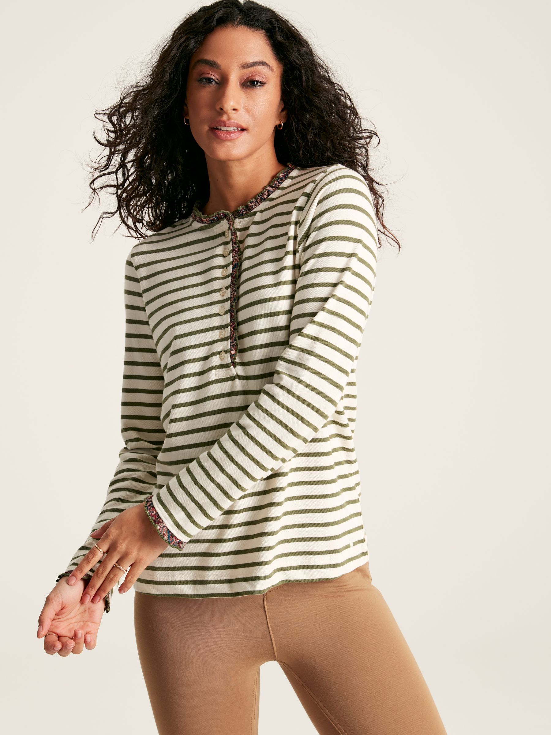 Daphne Green Striped Long Sleeve Top with Frill Neck - Image 2 of 7